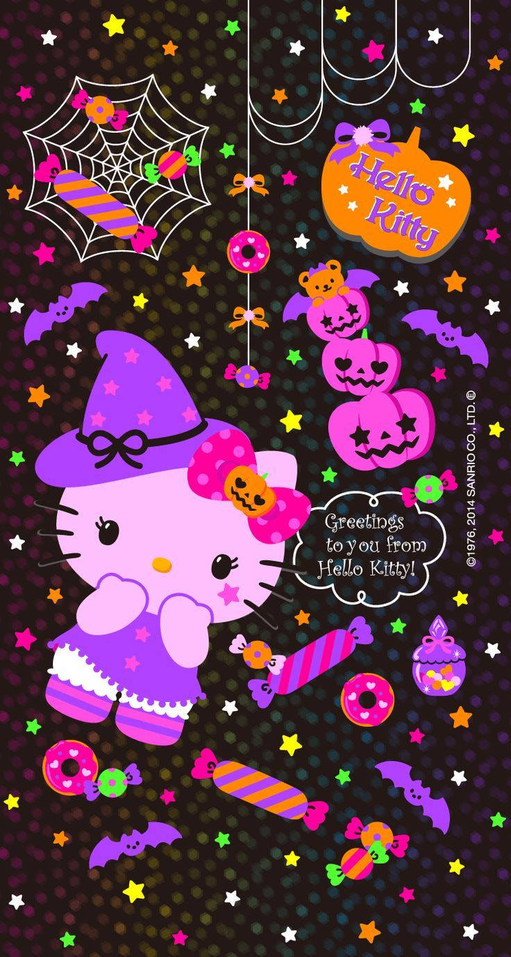 可愛萬聖節Hello Kitty 壁紙 — Hello Kitty 戴著紫色巫婆帽，被糖果蝙蝠、南瓜和星星包圍，背景是深色圓點圖案。