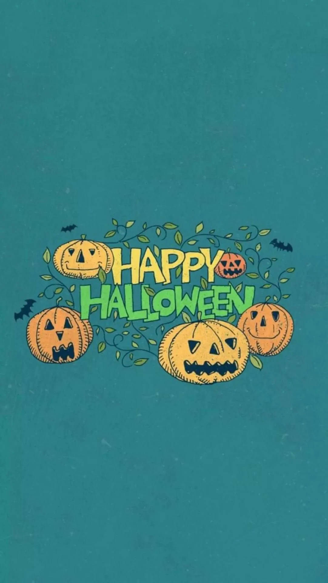 在青綠色背景上帶有微笑南瓜和蝙蝠的「Happy Halloween」問候。