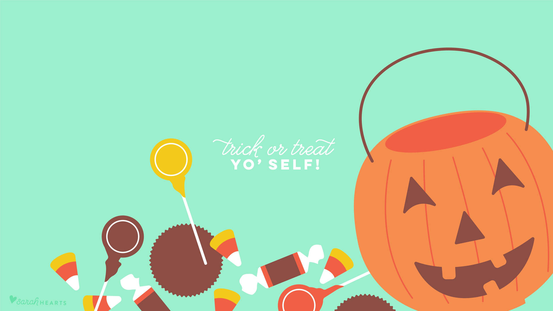 萬聖節糖果桶，內有零食和「trick or treat yo self」文字。