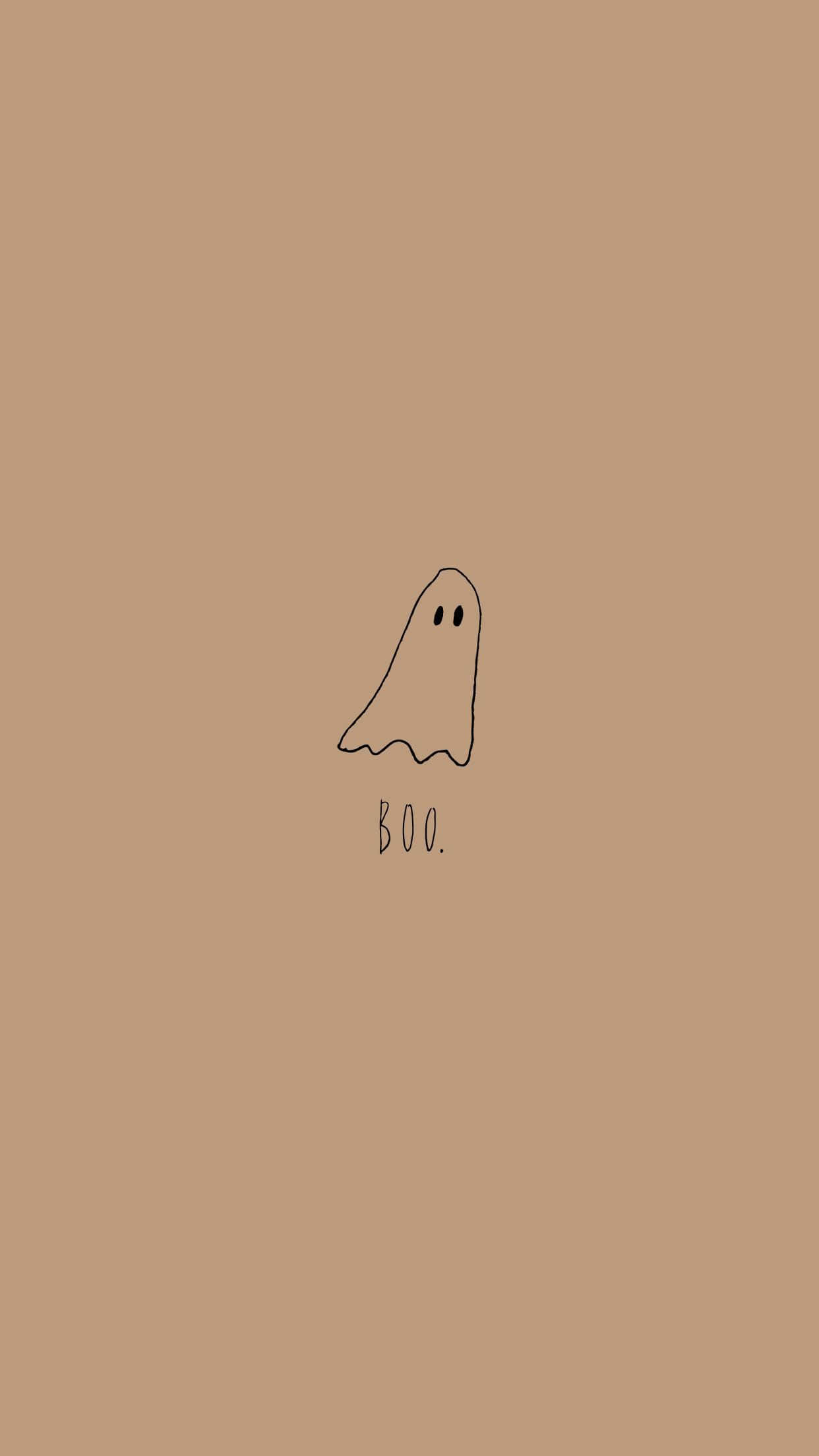 可愛萬聖節幽靈「boo」藝術 壁紙 — 在純色黃褐色背景上，一個有兩隻眼睛的鬼魂的極簡線條畫，下方有BOO字樣。