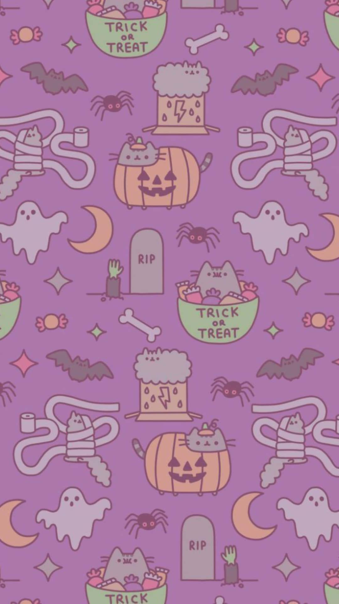 可愛萬聖節紫色Pusheen 壁紙 — 紫色萬聖節牆紙圖案，包含 Pusheen 貓咪在南瓜、鬼魂、蝙蝠和糖果圖案中。