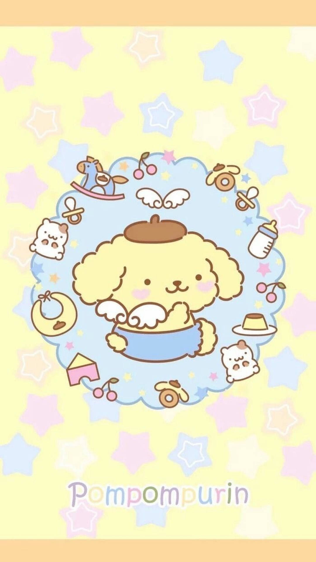 一隻卡通小狗在浴缸中，周圍環繞著嬰兒玩具和星星。 — 布甸狗 GIF 壁紙
