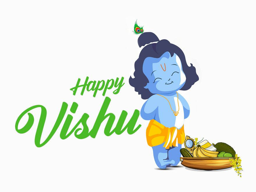 Happy Vishu 祝福，附藍色小孩和水果籃