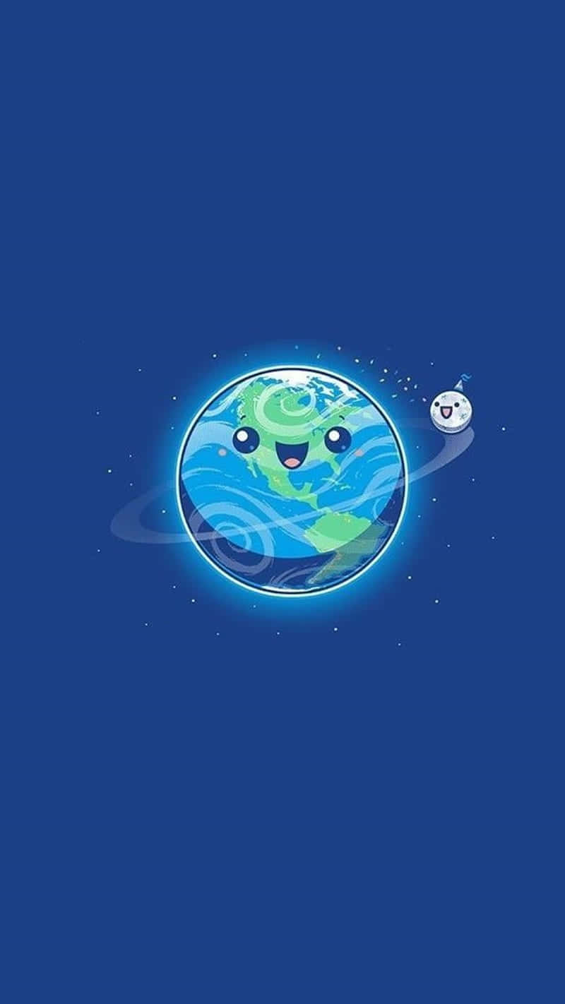 一個微笑的卡通地球，在深藍色太空中有一顆小月亮繞行。