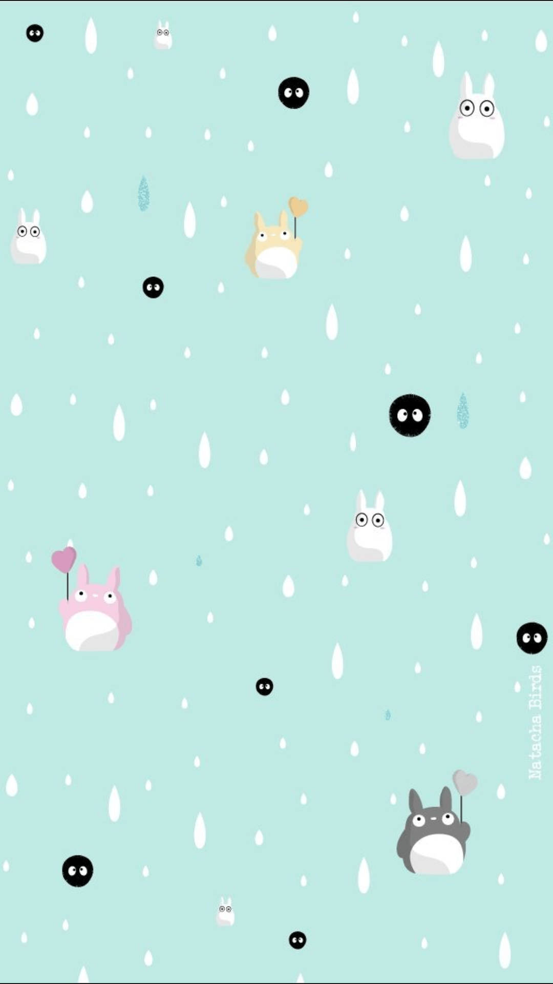 龍貓角色在雨中漂浮在薄荷背景上