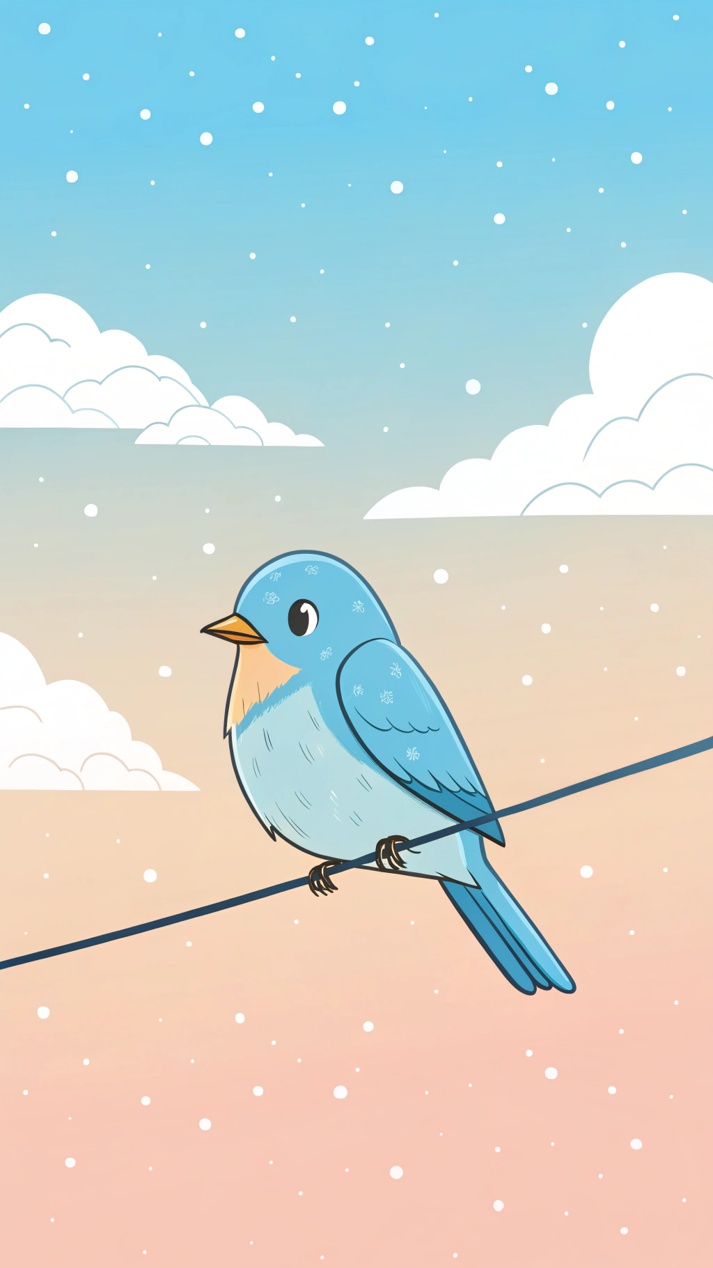 可愛藍鳥棲息於冬日雪空藝術圖 壁紙 — 一隻可愛的藍色卡通鳥，有橙色喙，棲息在電線上，背景是柔和的天空，有雲和飄落的雪。