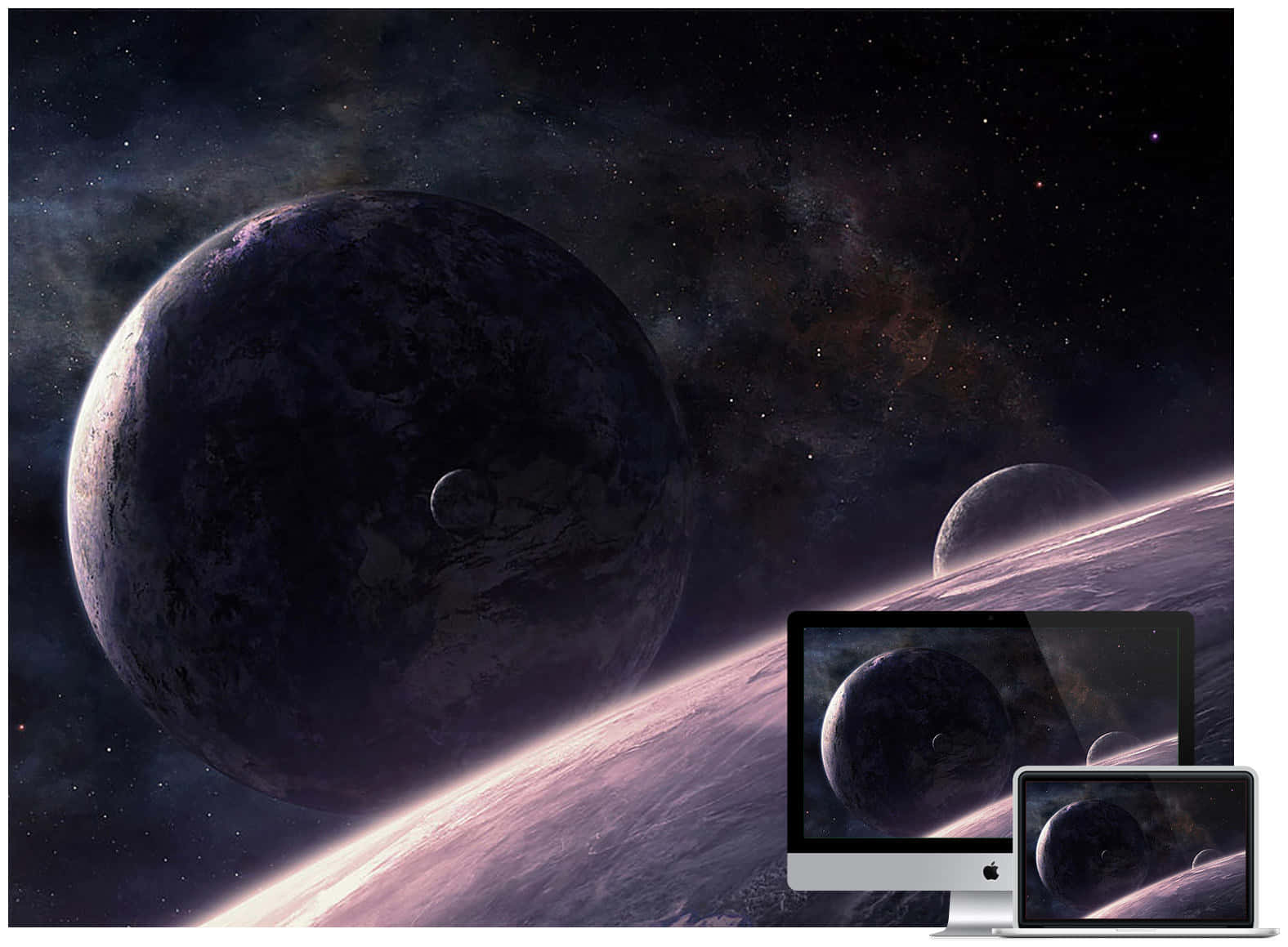 從彎曲的地平線觀看黑暗行星和恆星，帶有發光的粉紅色大氣，顯示在電腦屏幕上。