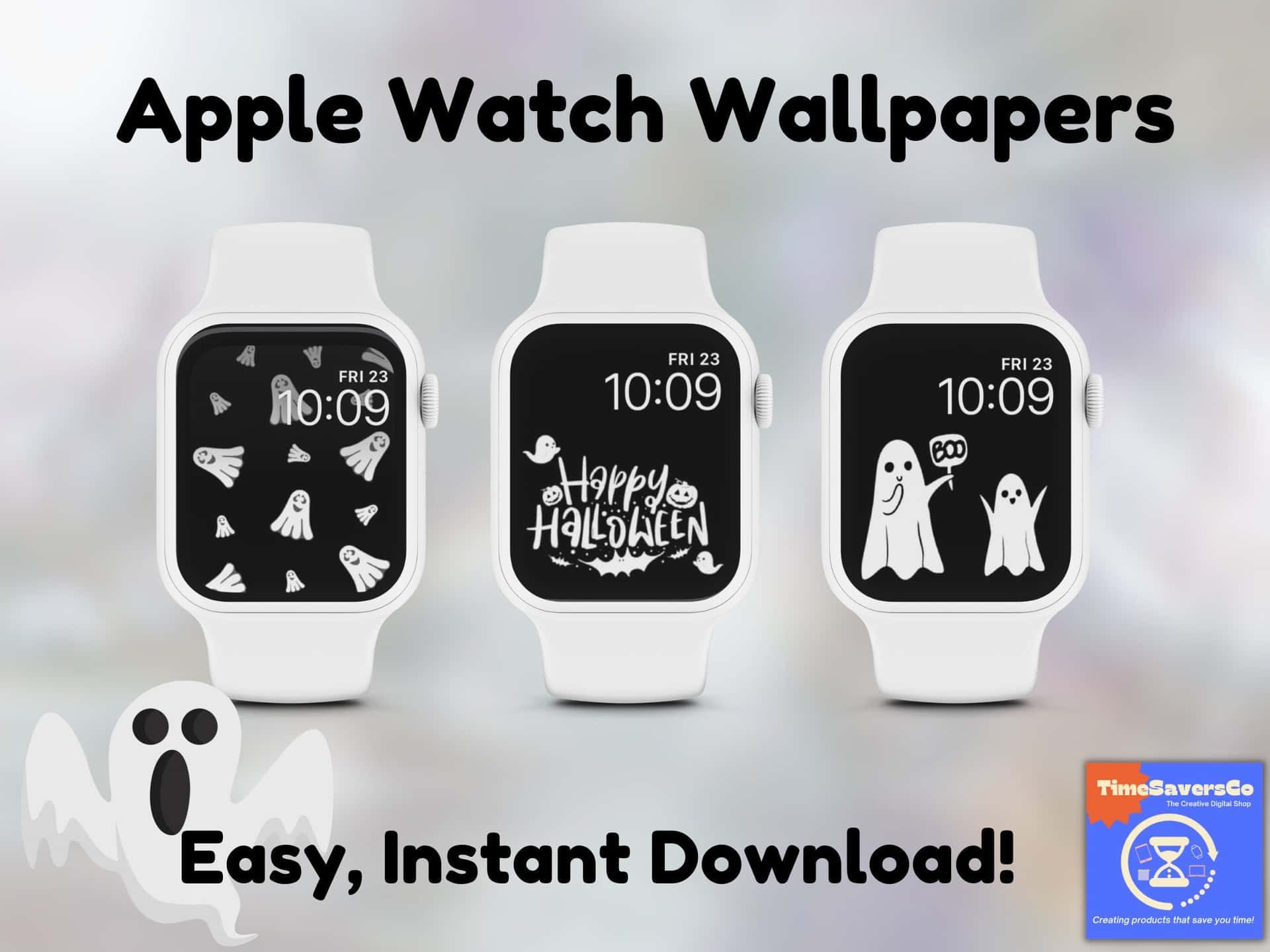 三隻Apple Watch展示帶有鬼魂和文字的萬聖節壁紙。 — 蘋果 壁紙
