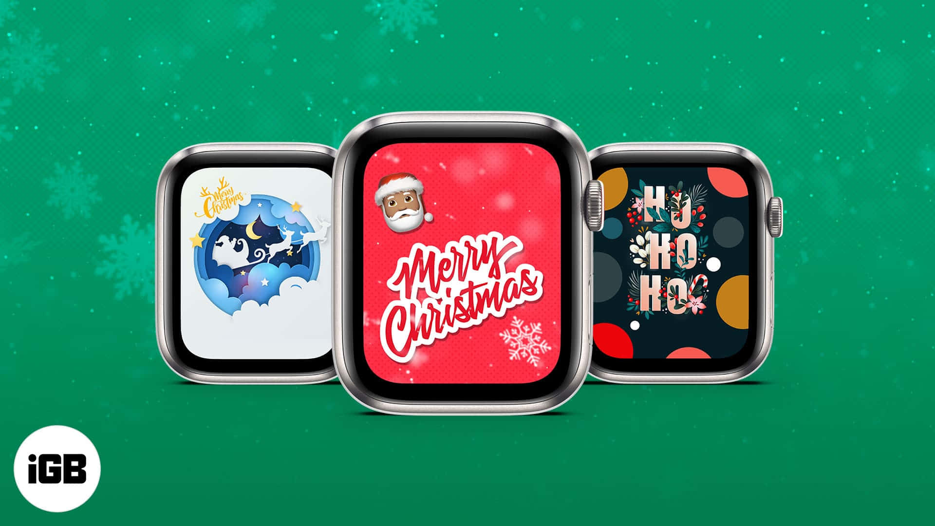 三個帶有聖誕設計的 Apple Watch 錶面在綠色背景上。