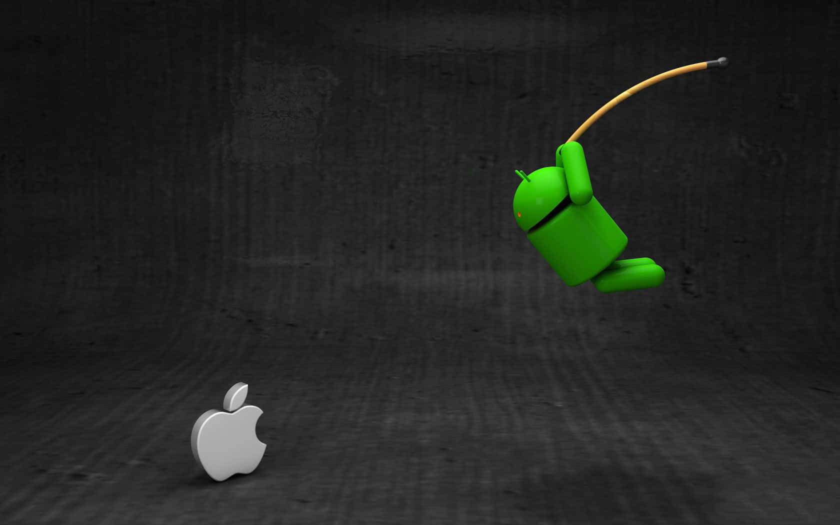 綠色Android機械人跳向深色混凝土上的銀色Apple標誌。