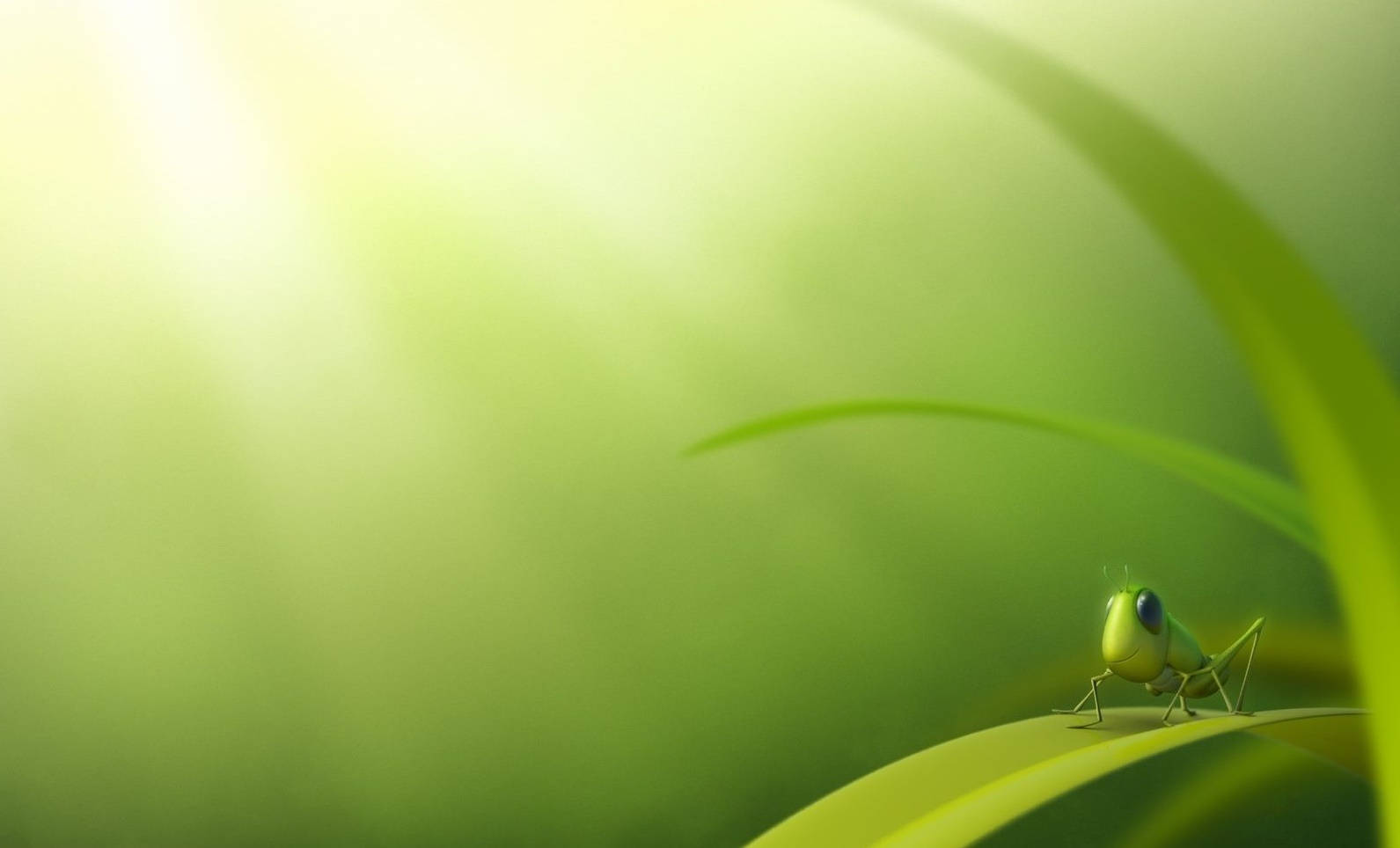 可愛蝗蟲藝術 壁紙 — 一隻小綠色蚱蜢棲息在陽光照耀的草葉上，背景是柔和發光的綠色。