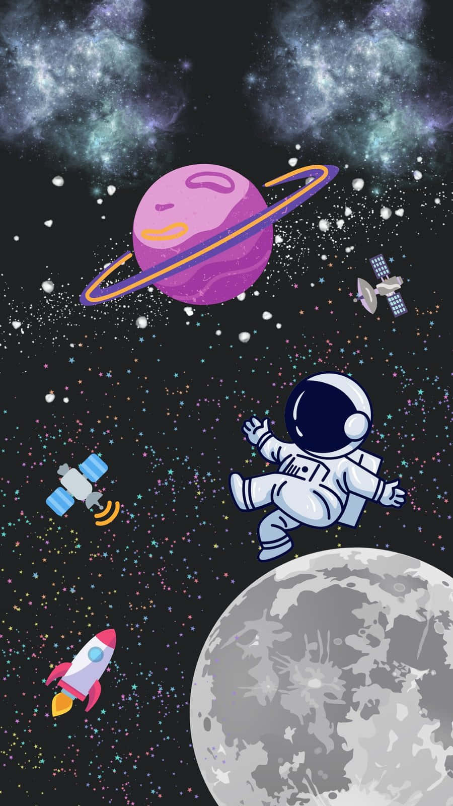 一個卡通太空人在太空中漂浮，附近有一個紫色行星和月亮，還有火箭和衛星。