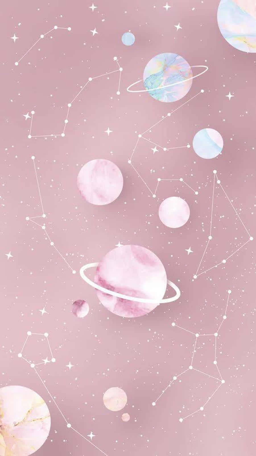 粉彩行星和星座在夢幻粉紅星空中漂浮。