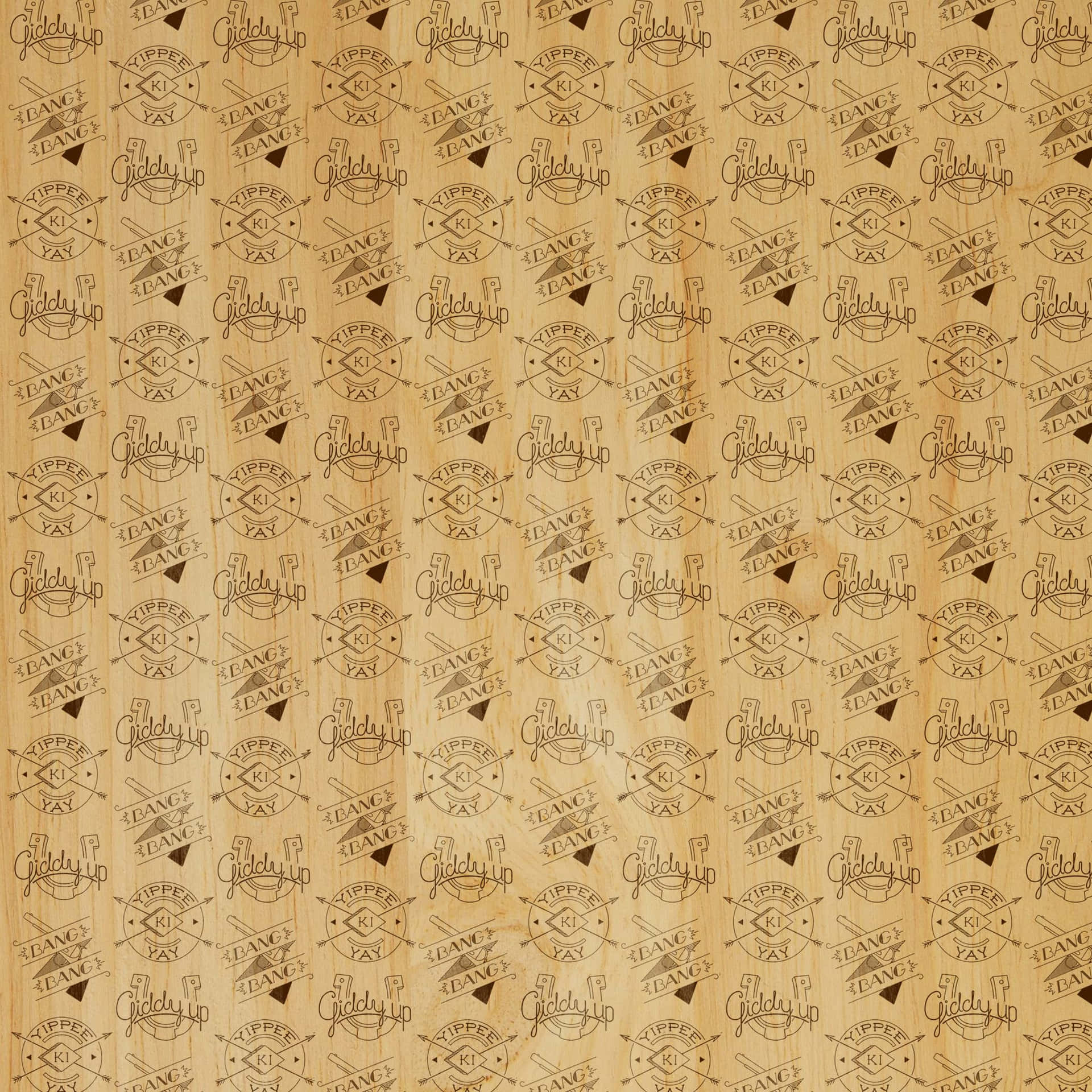 木質紋理，重複刻有深棕色復古工具標誌。