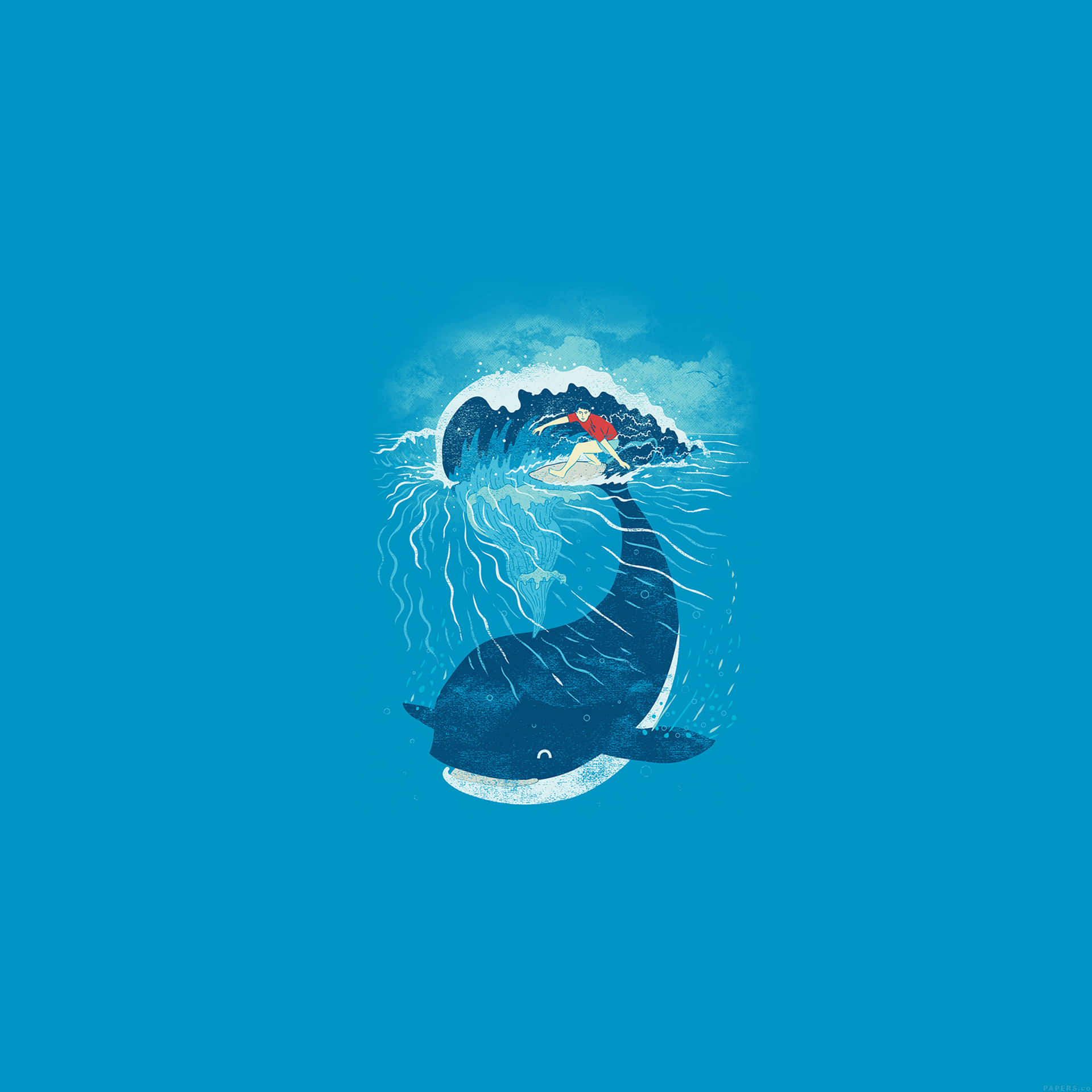 衝浪者在藍色海洋插圖中騎著鯨魚形狀的波浪。