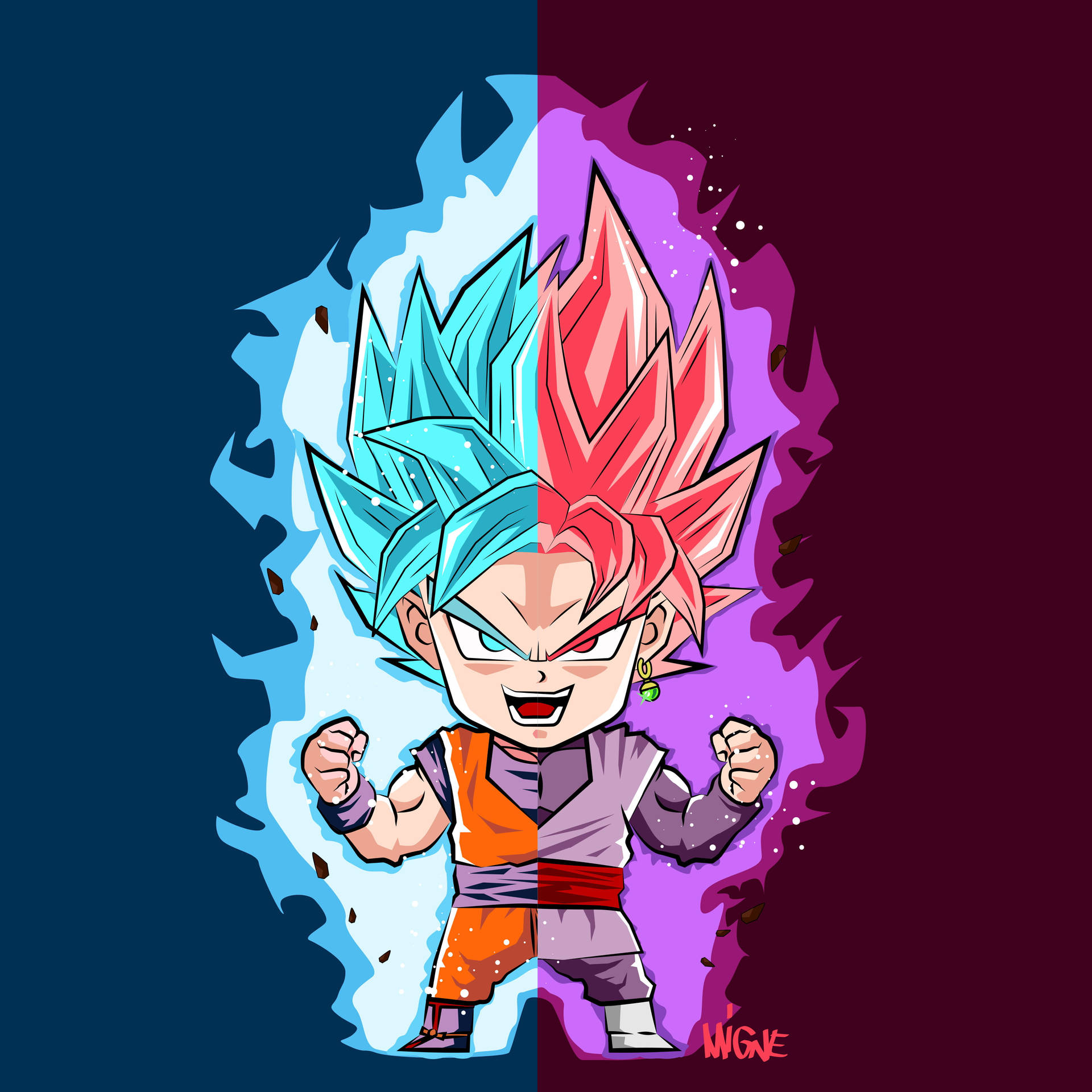 Chibi Goku 分成藍色和紅色兩半，帶有發光的能量。