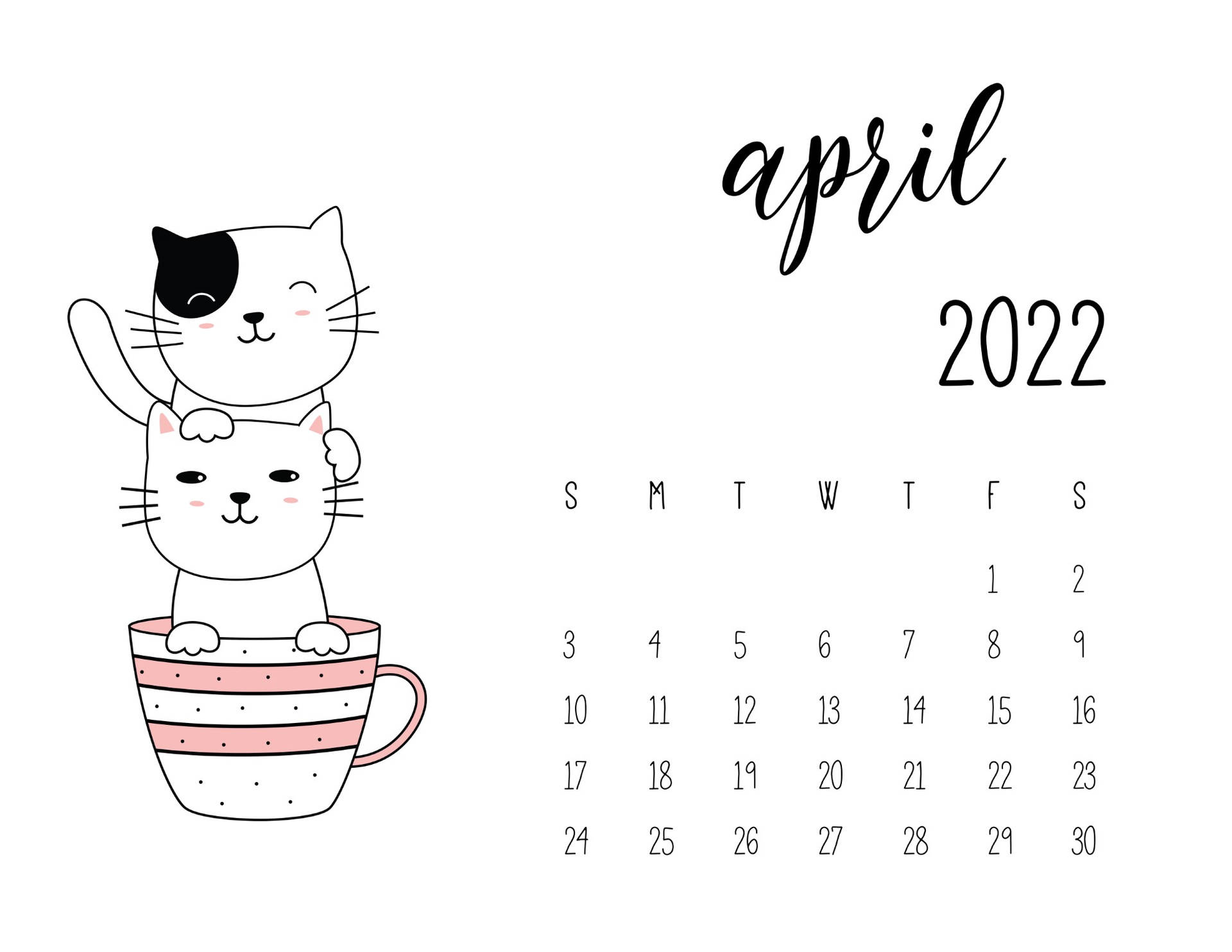 兩隻卡通貓喺一個粉紅色間條杯入面，旁邊有一個2022年4月嘅日曆。