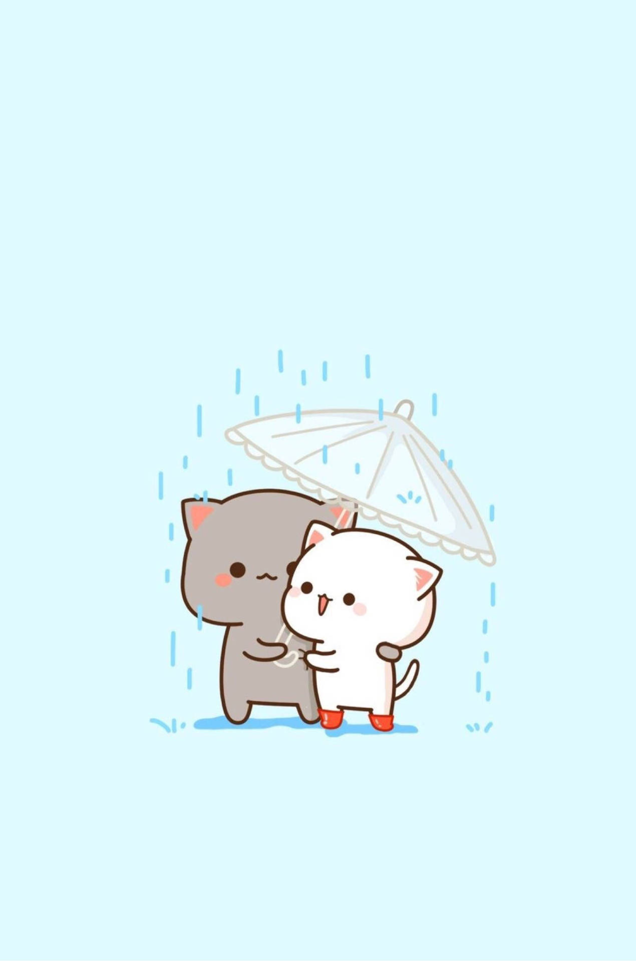 兩隻卡通貓喺雨中擠喺雨傘下。