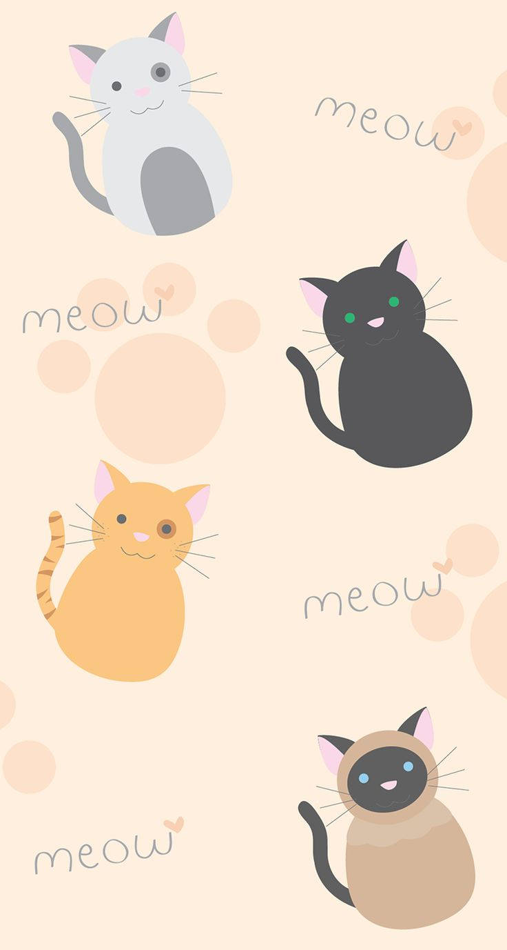 四隻插圖貓咪，帶有「meow」文字和爪印，背景為米色。