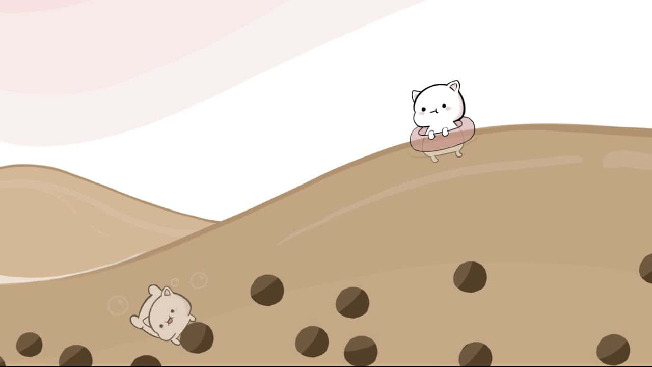 兩隻卡通貓在珍珠奶茶珍珠中玩耍，背景是粉彩天空。
