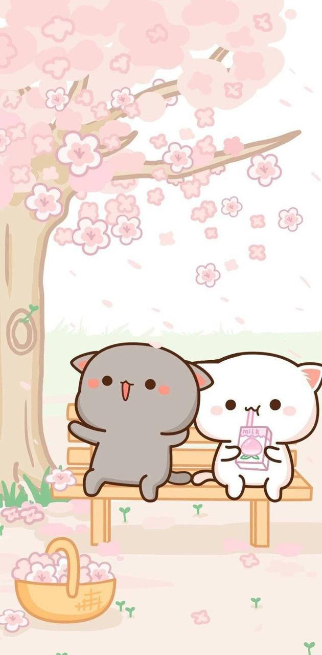 兩隻卡通貓咪在櫻花樹下享受櫻花，旁邊有一個野餐籃。