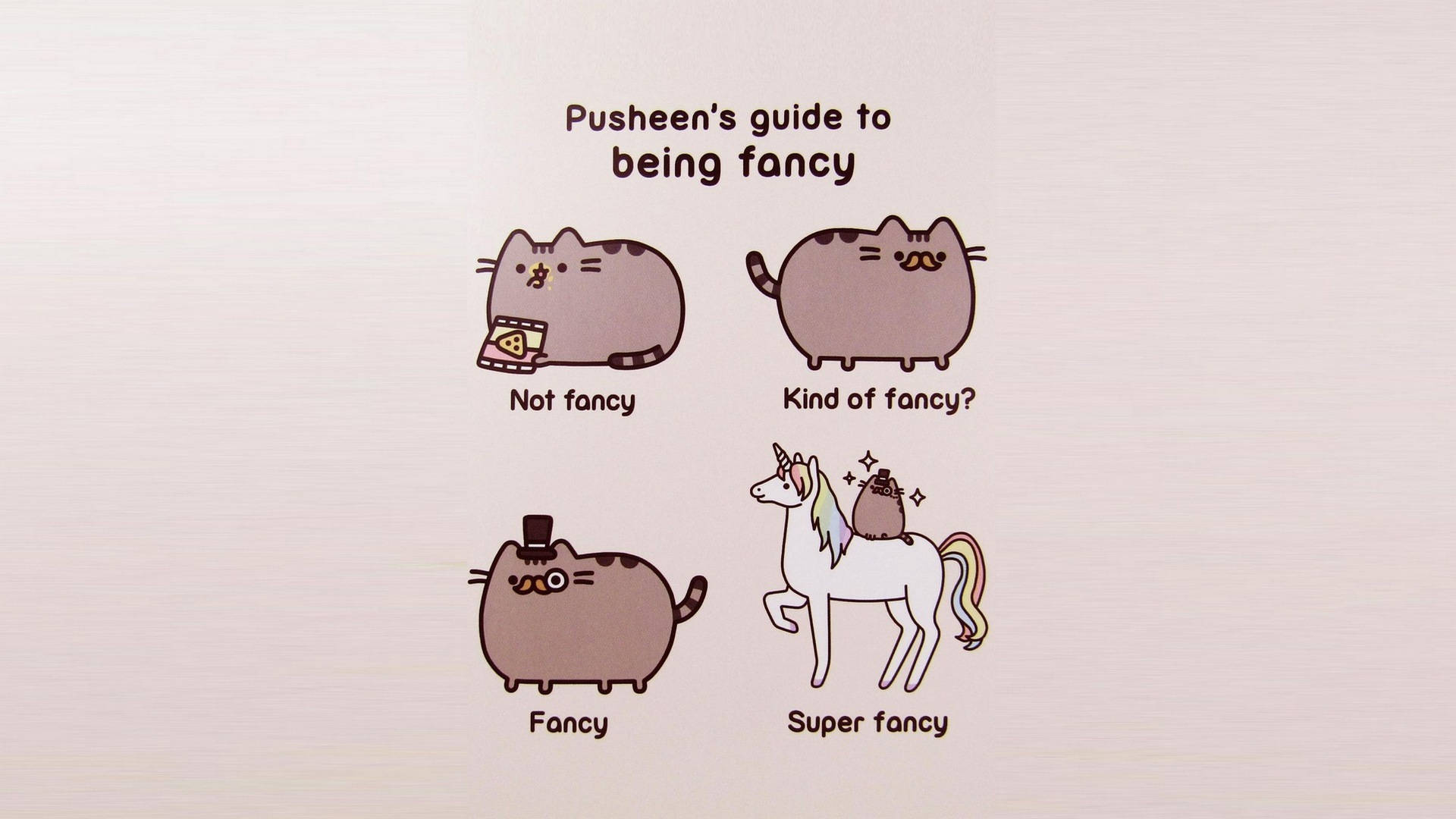 Pusheen 貓展示了從薄餅到騎獨角獸的四個花俏級別。
