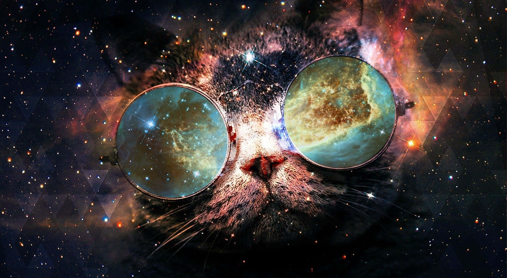 一隻貓咪，眼鏡中有銀河反射，背景是繁星宇宙。