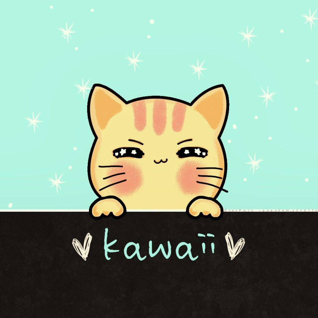 一隻卡通貓咪，臉頰紅潤，從帶有 'kawaii' 文字的表面上探出頭來。