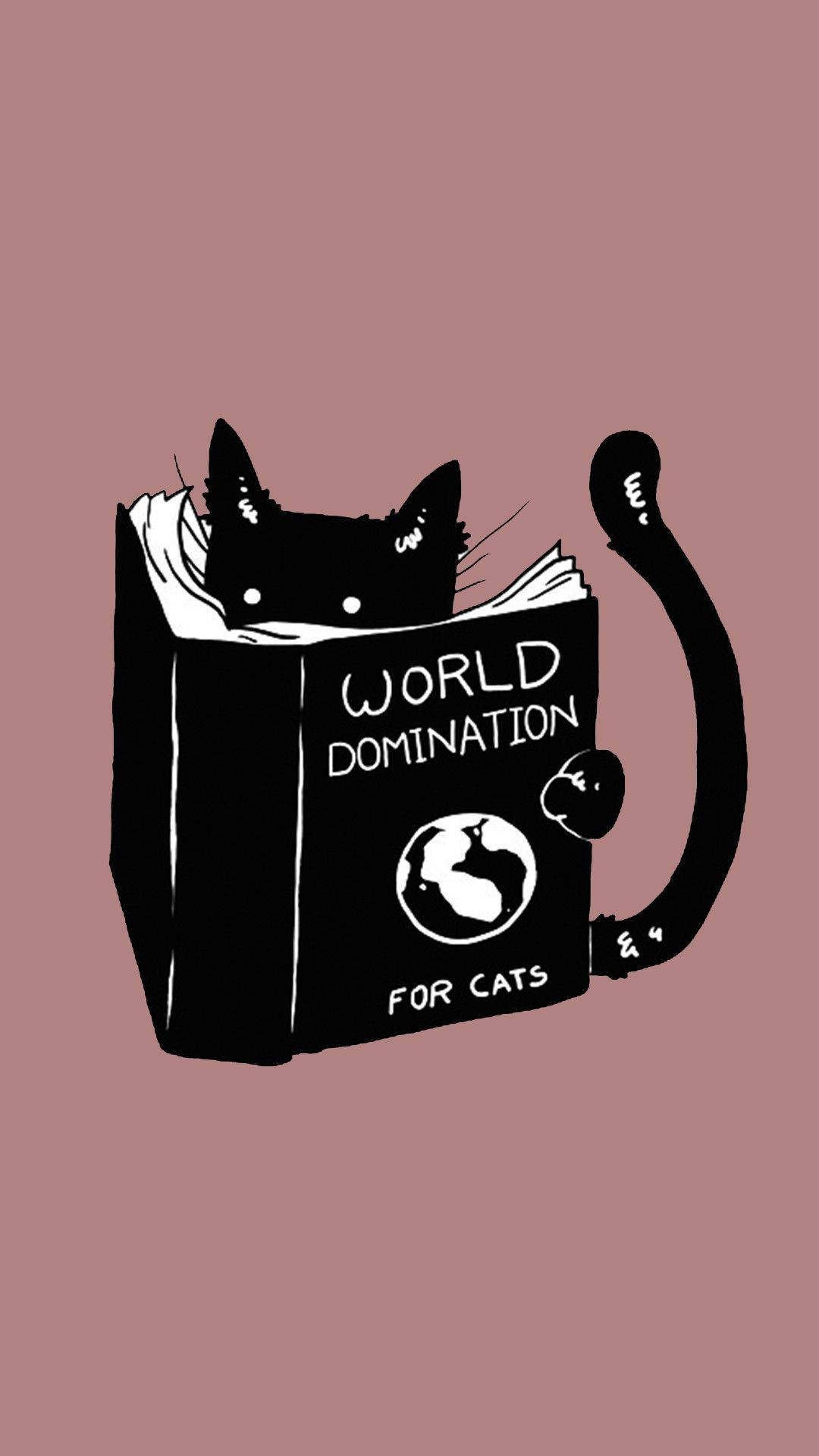 可愛貓咪閱讀《貓咪統治世界》 壁紙 — 一隻黑貓從一本名為《World Domination for Cats》的書中探出頭來，背景是柔和的淡紫色。
