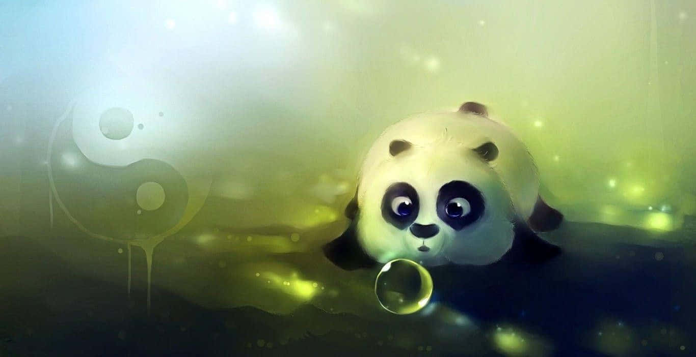 一隻卡通熊貓在發光的綠色迷霧中手持一個泡泡，背後有陰陽符號。