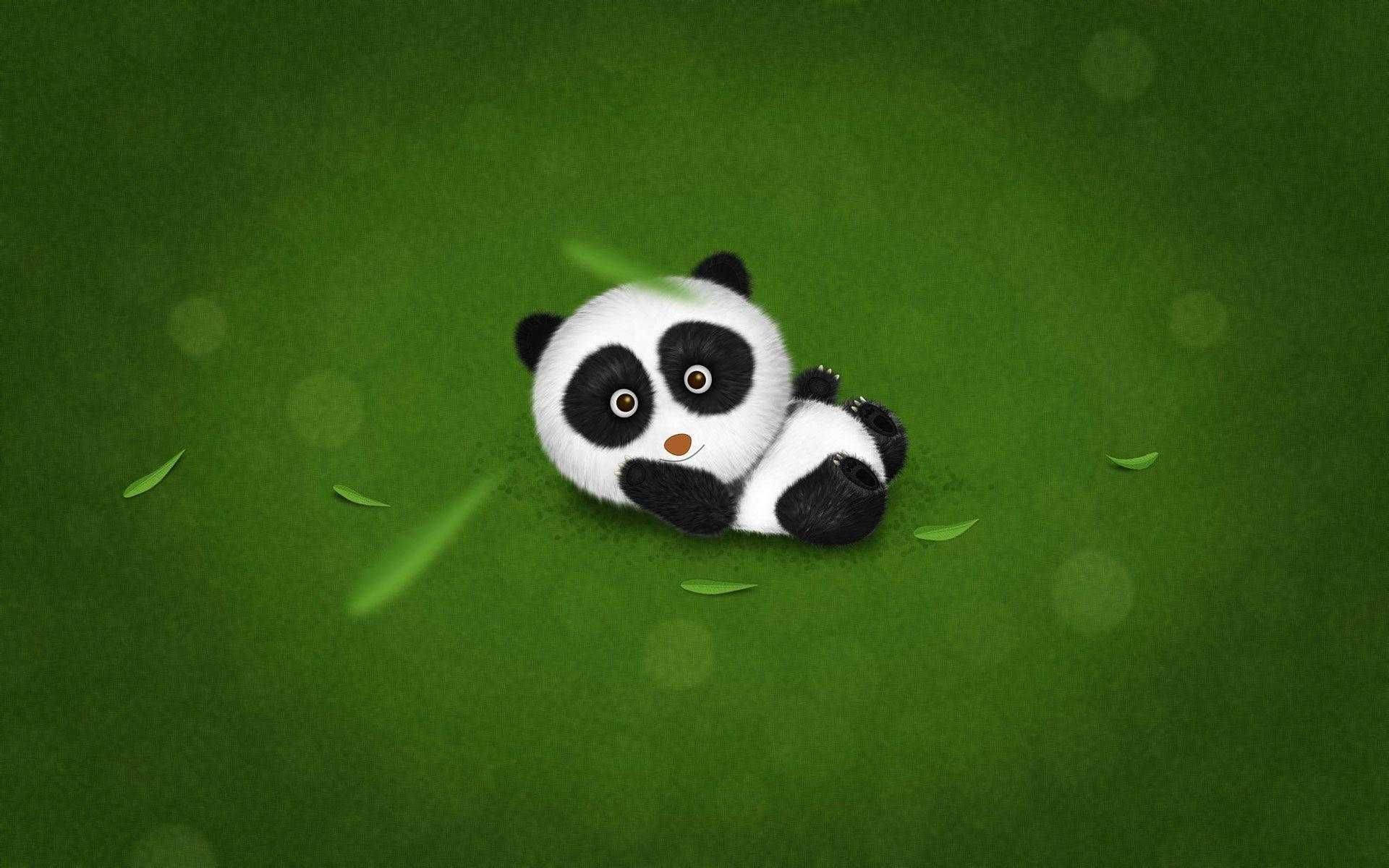 可愛貓熊幼崽 壁紙 — 一隻可愛毛茸茸的熊貓寶寶蜷縮在充滿活力的綠色草地上，散落著樹葉和柔和的散景背景。