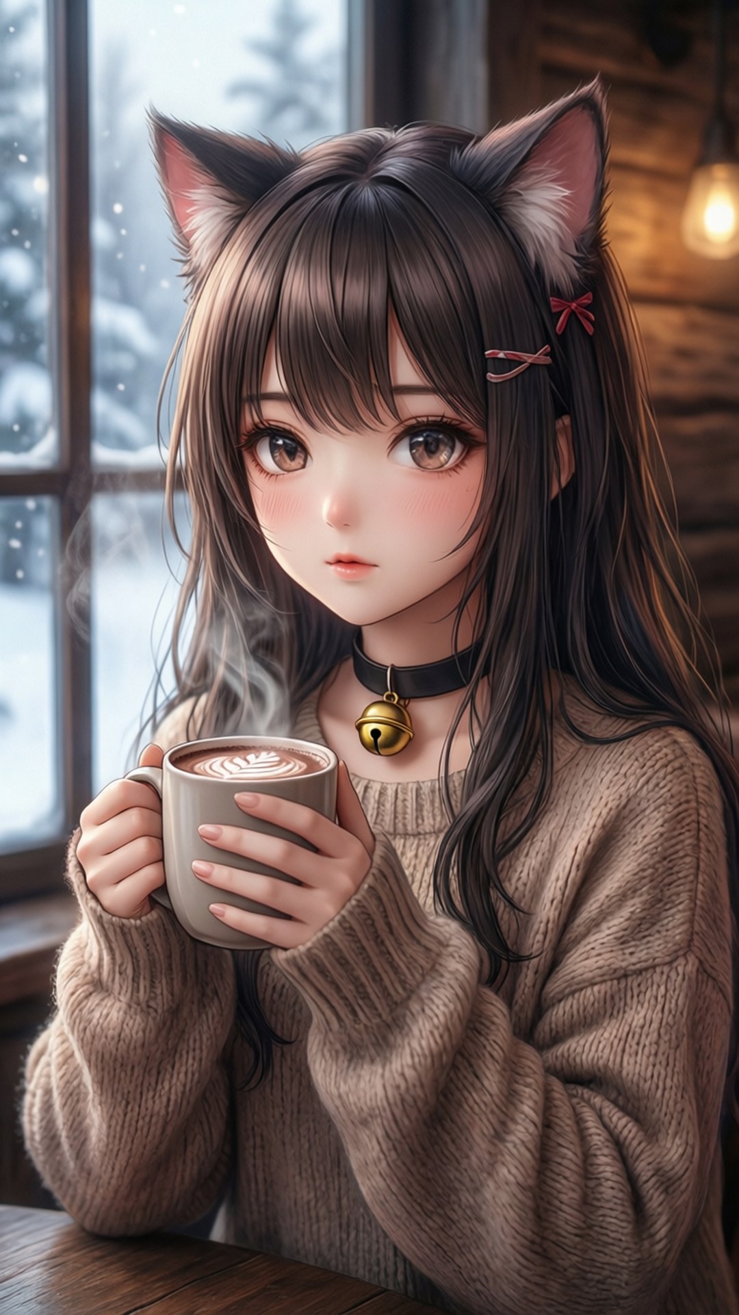 貓耳動漫女孩在雪窗前拿著熱咖啡。