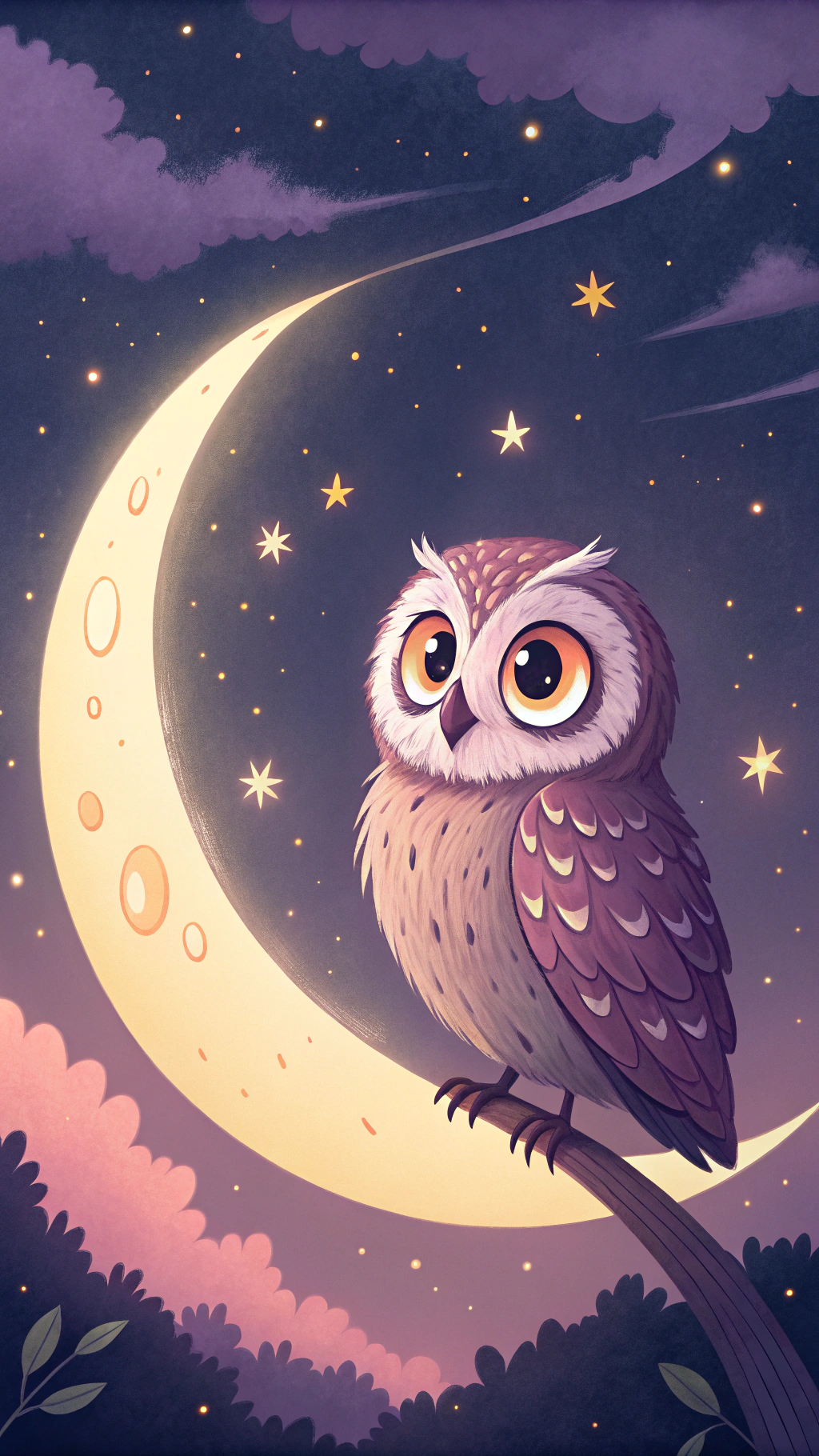 可愛貓頭鷹與月夜星空藝術 壁紙 — 一隻可愛的卡通貓頭鷹，有著大大的橙色眼睛，棲息在彎月上，背景是繁星點點的紫色夜空。