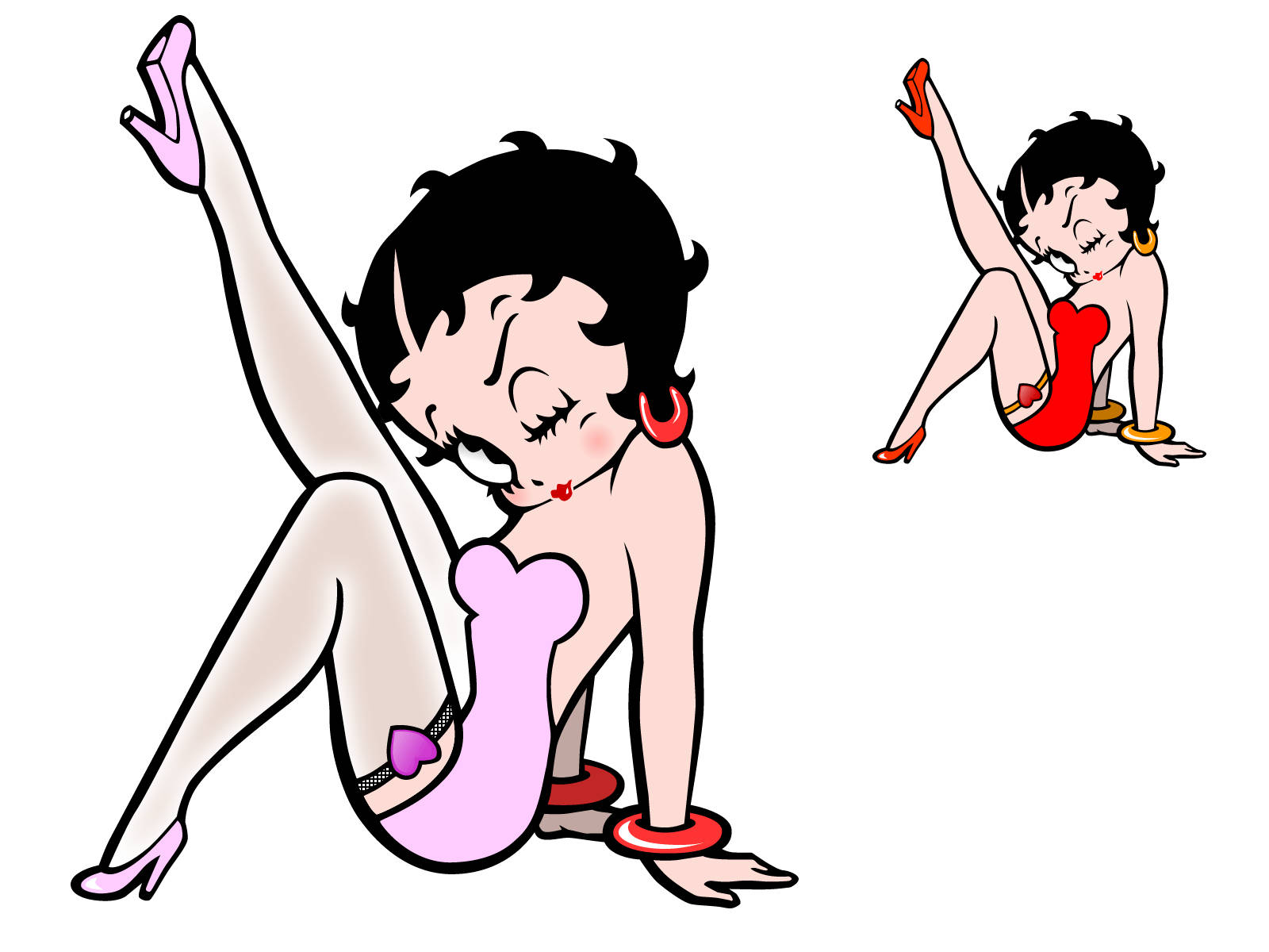 Betty Boop 卡通角色以兩個俏皮姿勢穿著粉紅色和紅色服裝。