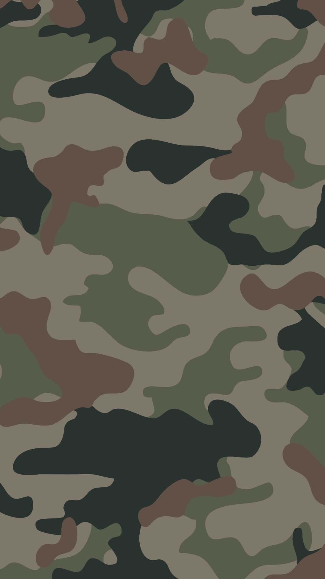 可愛軍事迷彩背景 壁紙 — 無縫軍事迷彩圖案，帶有綠色、棕色和黑色斑點，可融入林地地形。