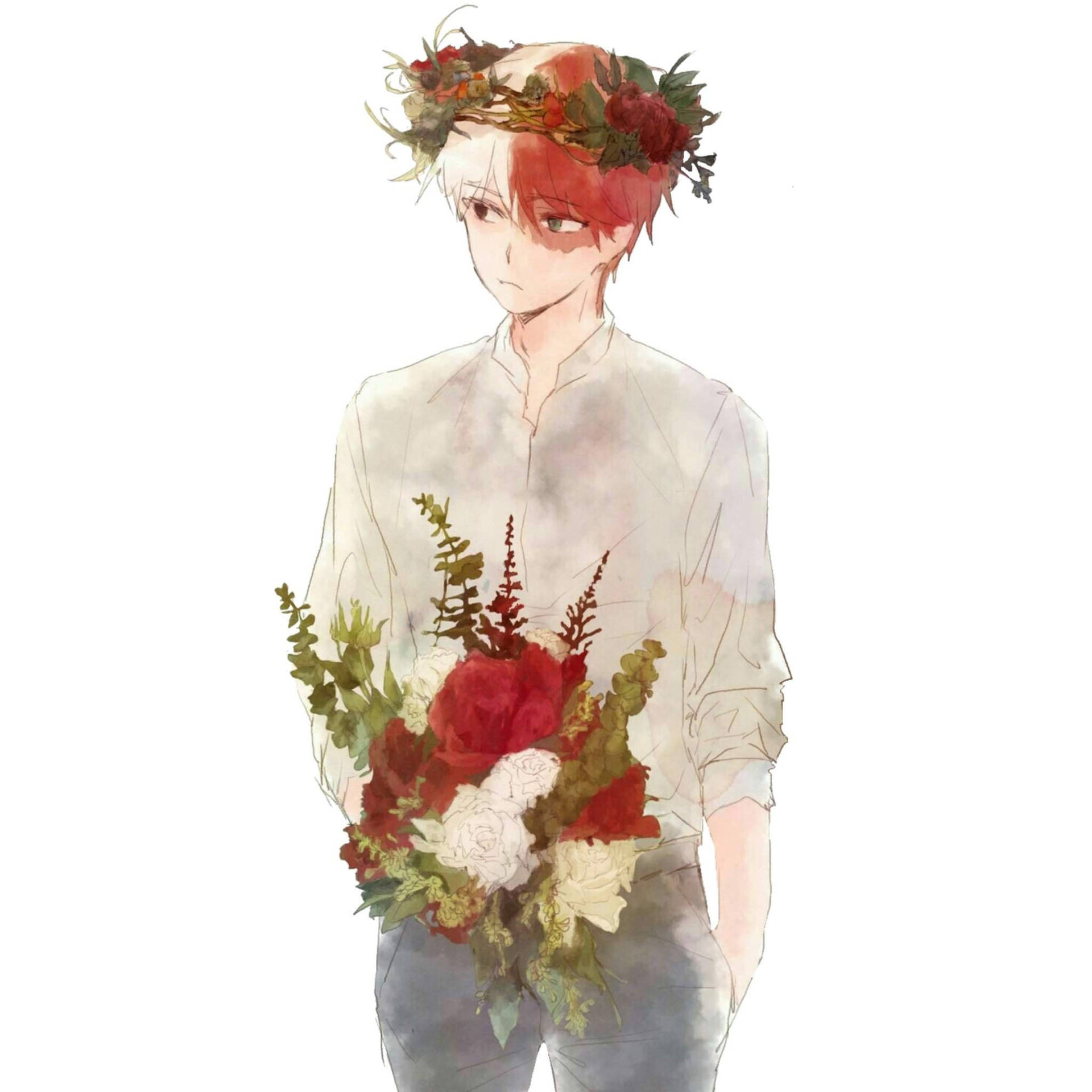 紅髮動漫男孩戴著花冠，拿著一束紅白玫瑰。