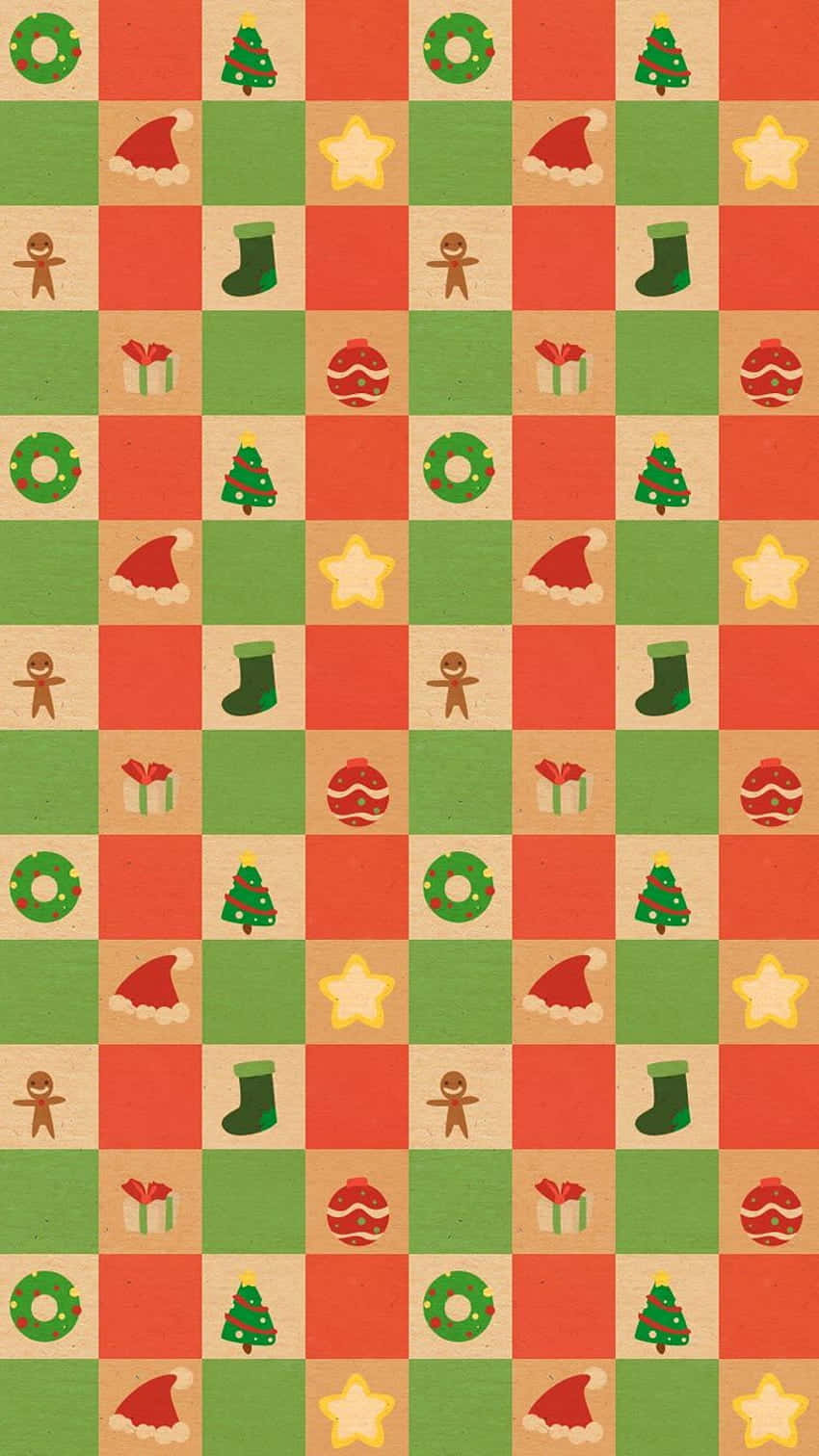 聖誕主題棋盤圖案，在紅、綠、米色方塊上帶有節日圖標。