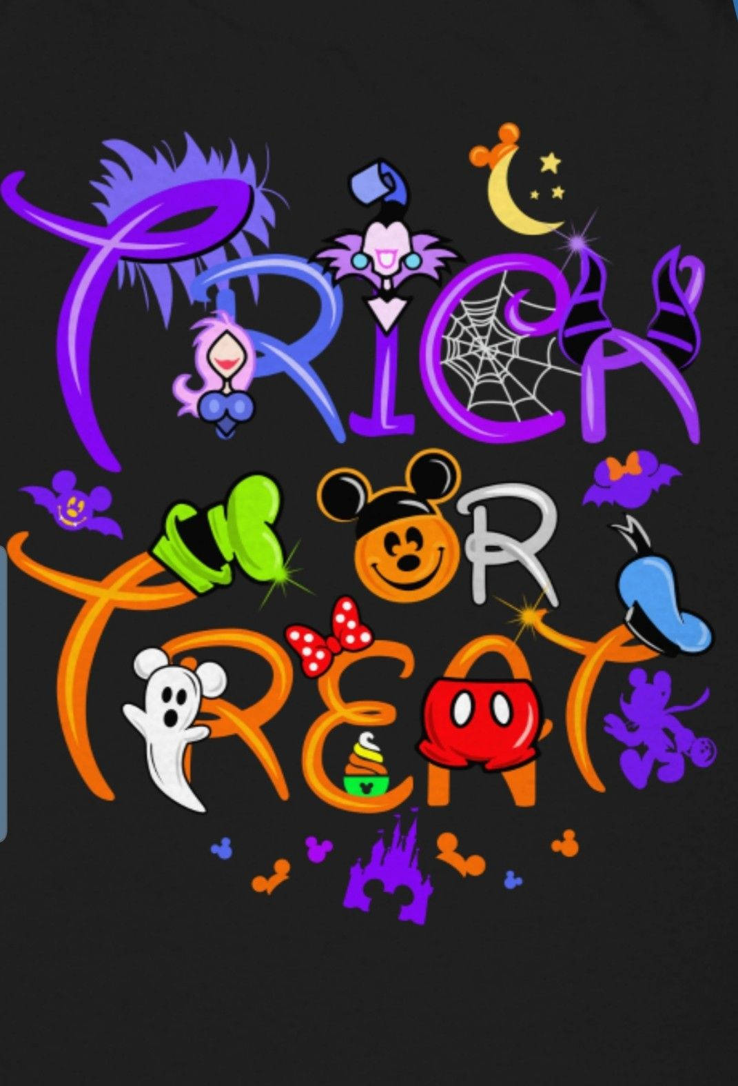 萬聖節 trick or treat 設計，包含卡通角色和明亮色彩中的恐怖元素。