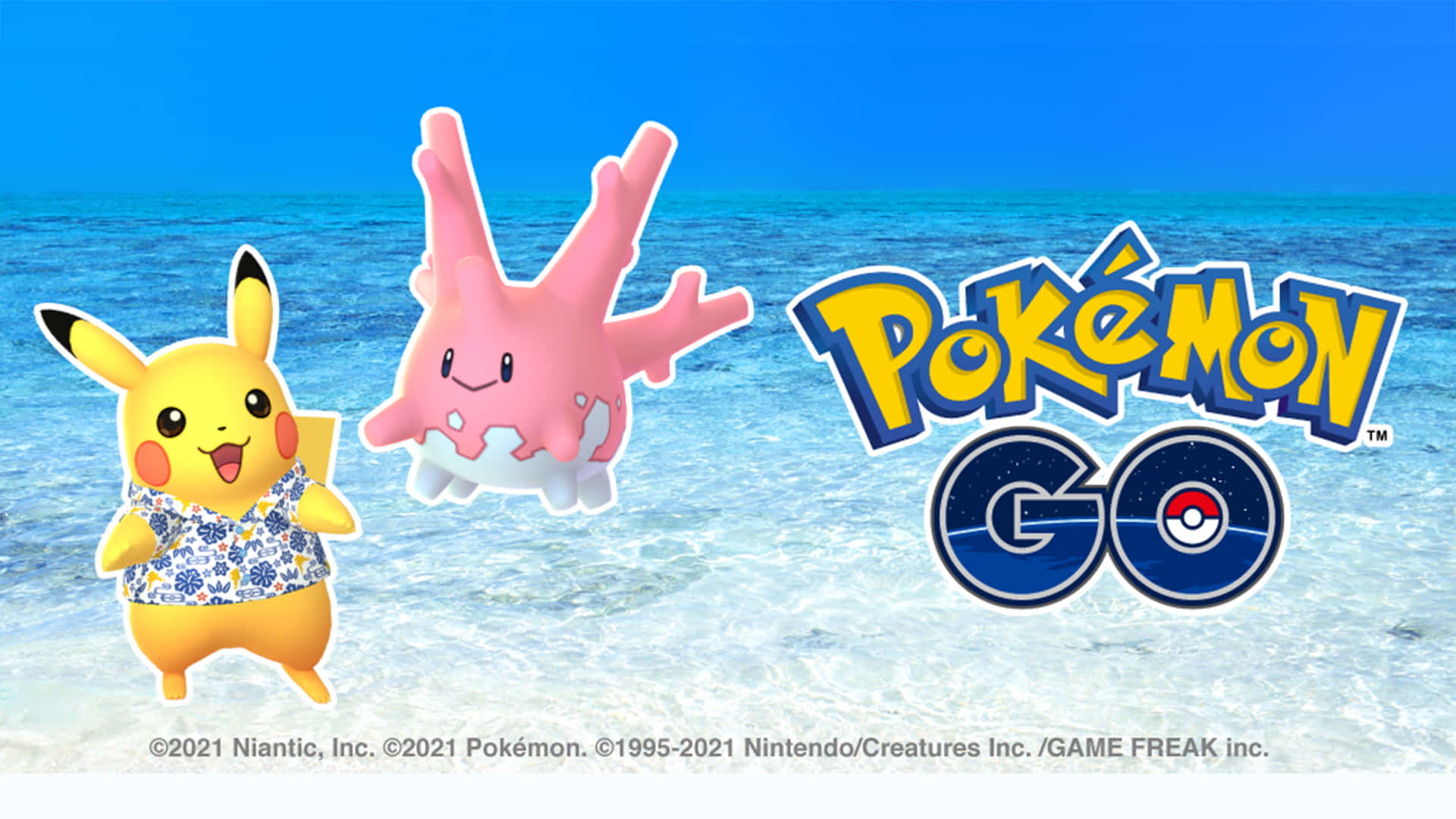 比卡超和謝利娜穿著沙灘裝，在海洋水中漂浮，帶有 Pokémon GO 標誌。
