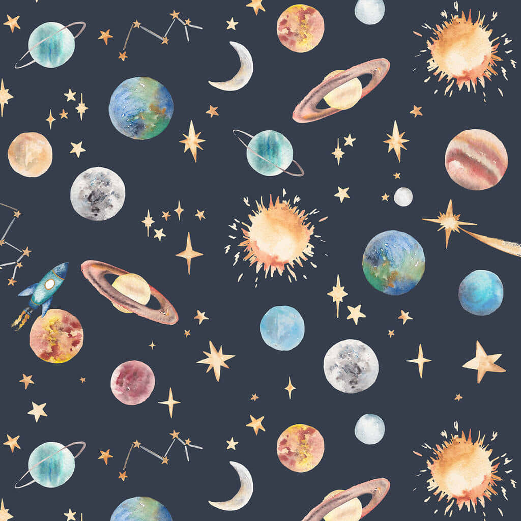 深色背景上帶有行星、恆星和星座的水彩太空圖案