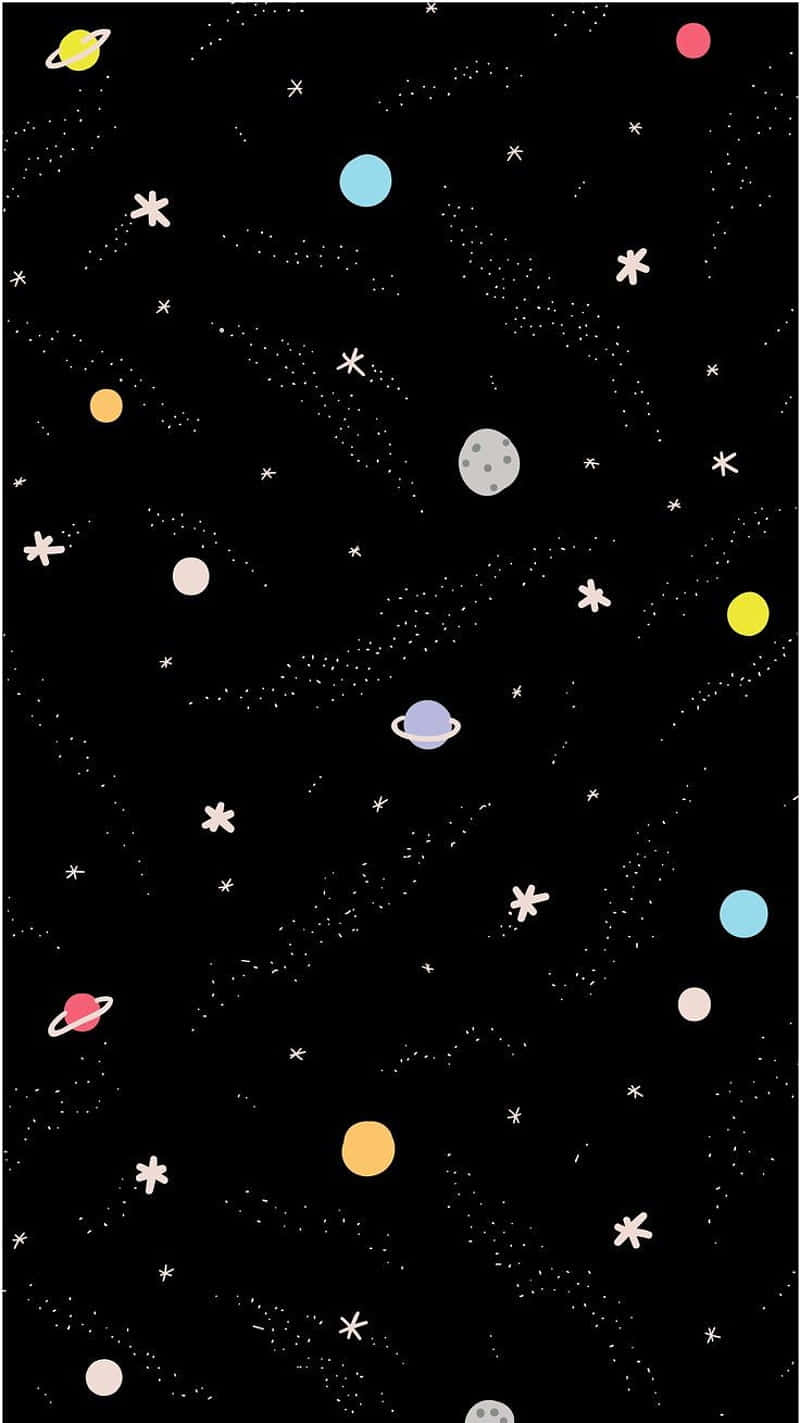 色彩繽紛的卡通行星和星星漂浮在黑色太空背景上。