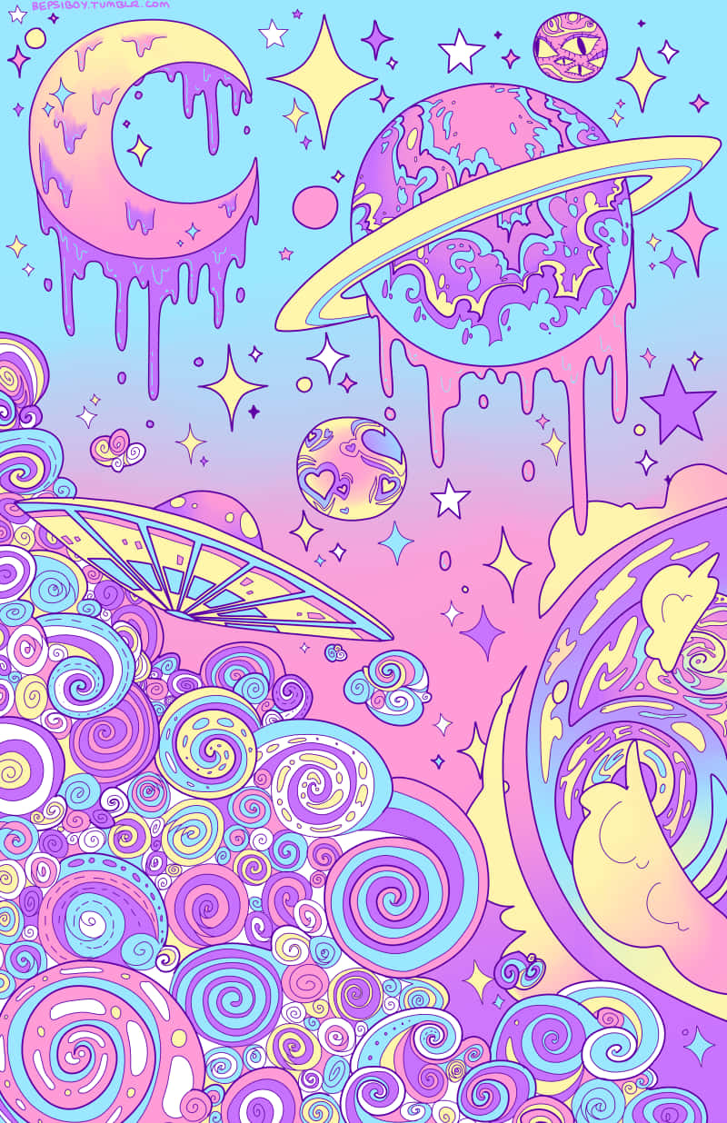 可愛迷幻粉彩星系 壁紙 — 充滿活力的超現實太空場景，帶有融化的行星、星星和漩渦狀的宇宙圖案，採用粉紅、紫色和藍色柔和色調。