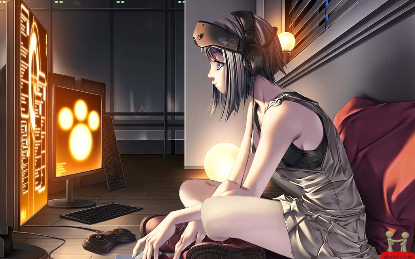動漫女孩在黑暗的房間裡用發光的屏幕玩電腦遊戲。