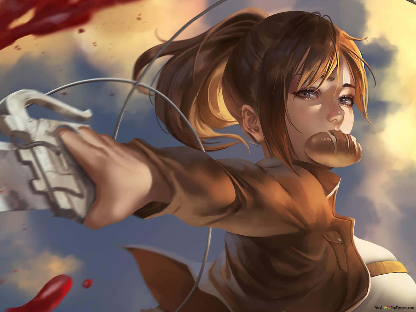 可愛遊戲少女 薩莎·布勞斯 壁紙 — 一個堅定的動漫女孩，棕色頭髮紮成馬尾，在血跡斑斑的戲劇性天空下揮舞著機械武器。