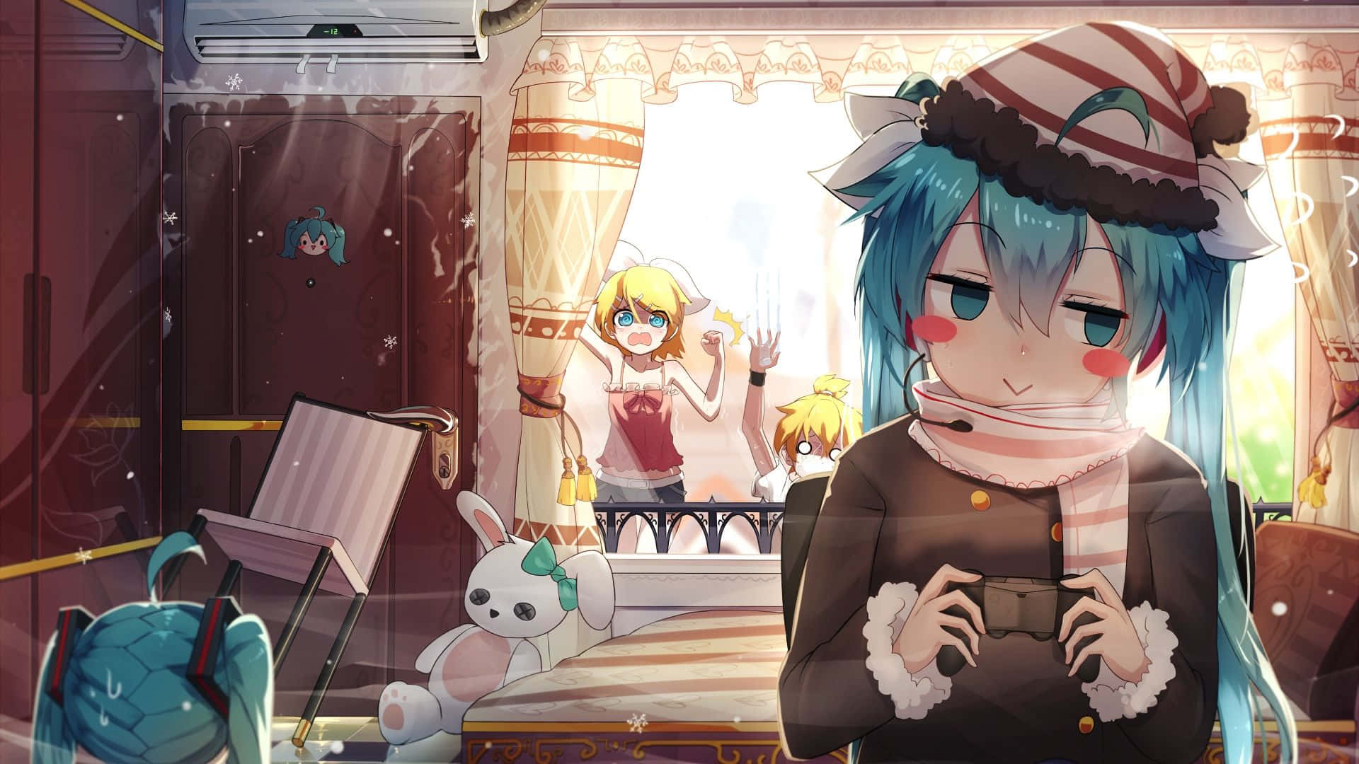 可愛遊戲少女初音未來與鏡音連 壁紙 — 藍髮動漫女孩在舒適的房間裡微笑，而兩個金髮女孩在窗外歡呼。