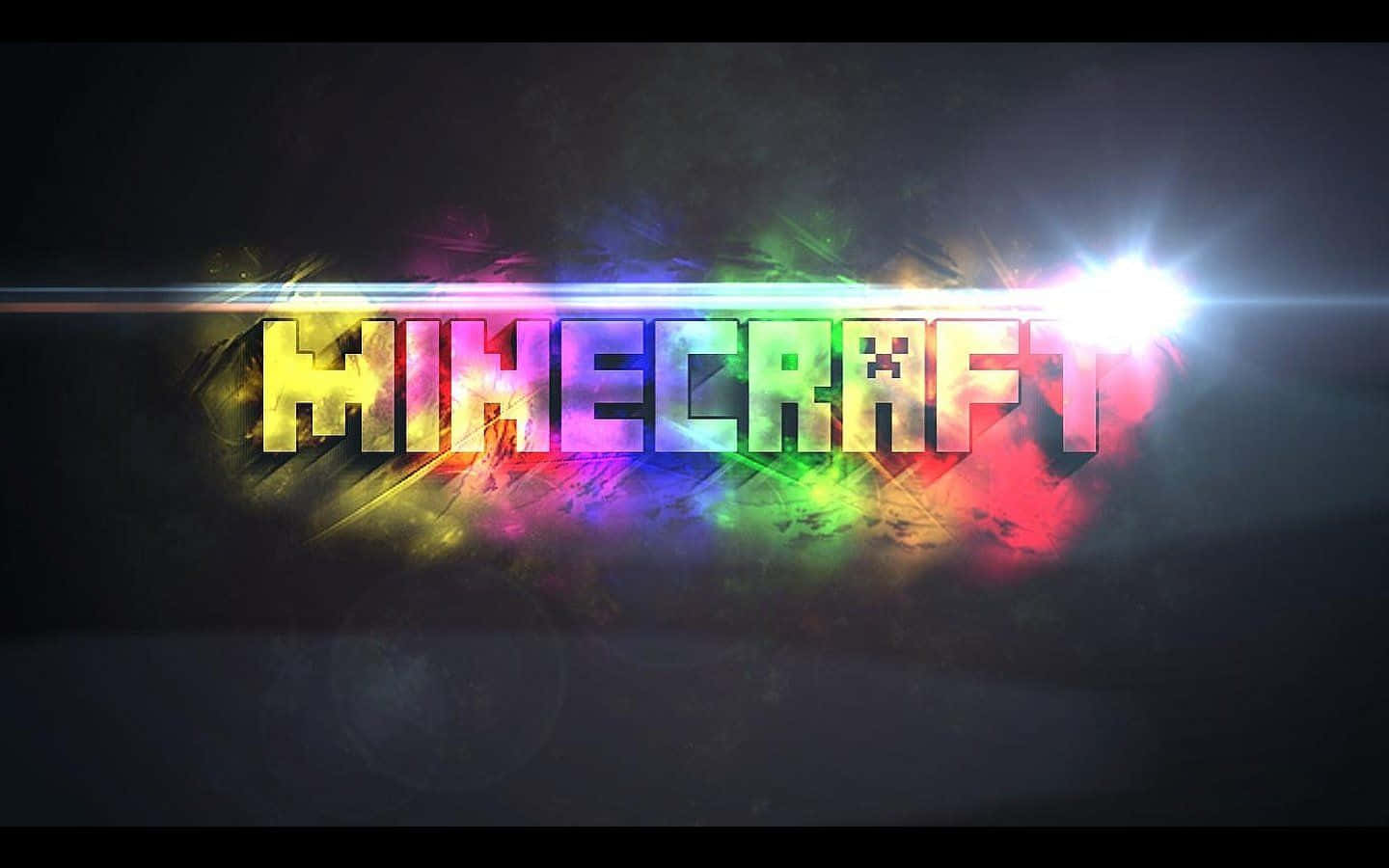黑暗背景上帶有彩虹光芒和鏡頭光暈的 Minecraft 標誌