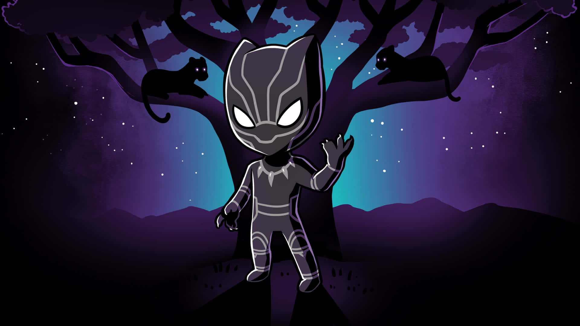 Chibi Black Panther 在繁星點點的夜空下，貓咪在樹枝上。