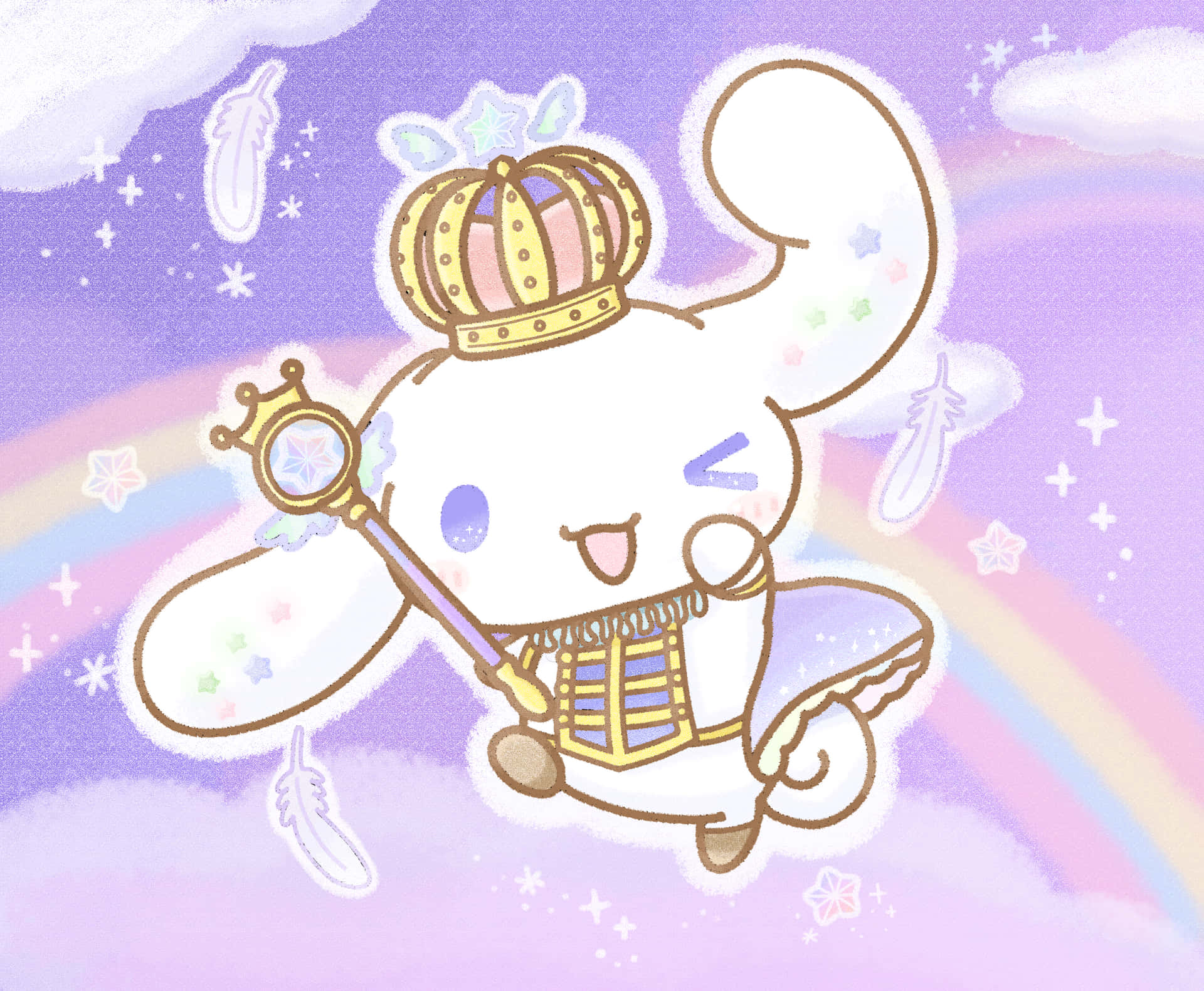 一隻戴着皇冠和拿着魔法棒的卡通兔飛過彩虹天空。