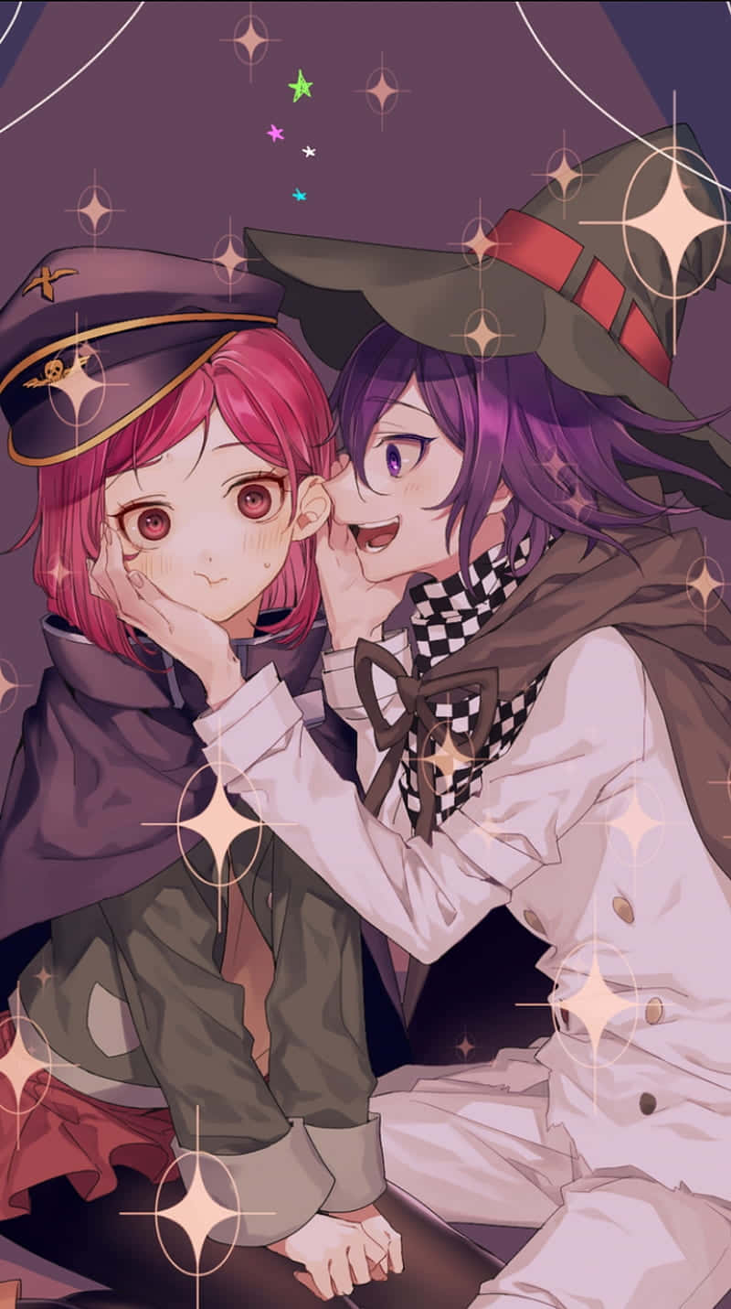 可愛配對 Danganronpa 壁紙 — 兩個戴著巫師帽的動漫角色在閃爍星光下分享玩樂時刻。