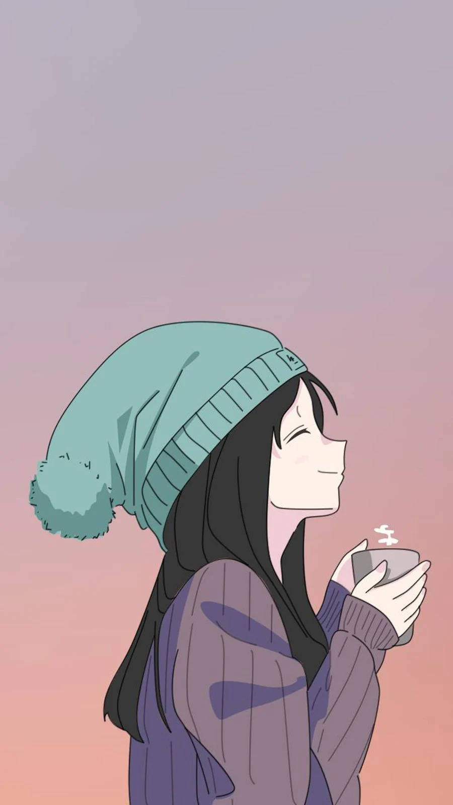 戴冷帽的動漫女孩在日落時拿著熱飲